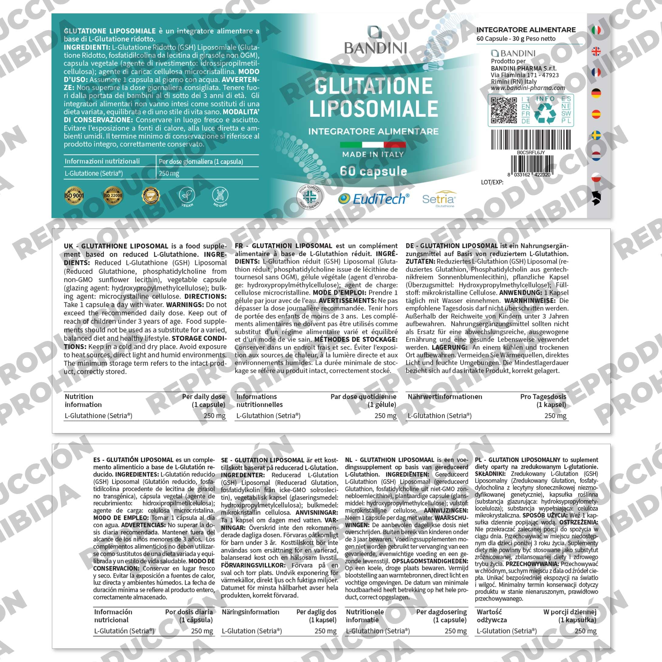 Bandini® Glutatión Liposomal 60 Cápsulas Veganas - L-Glutatión Setria | Alta Dosis, Absorción y Biodisponibilidad - L-Glutathione Reducido y Bioactivo - Antioxidante y Antienvejecimiento - Sin OMG