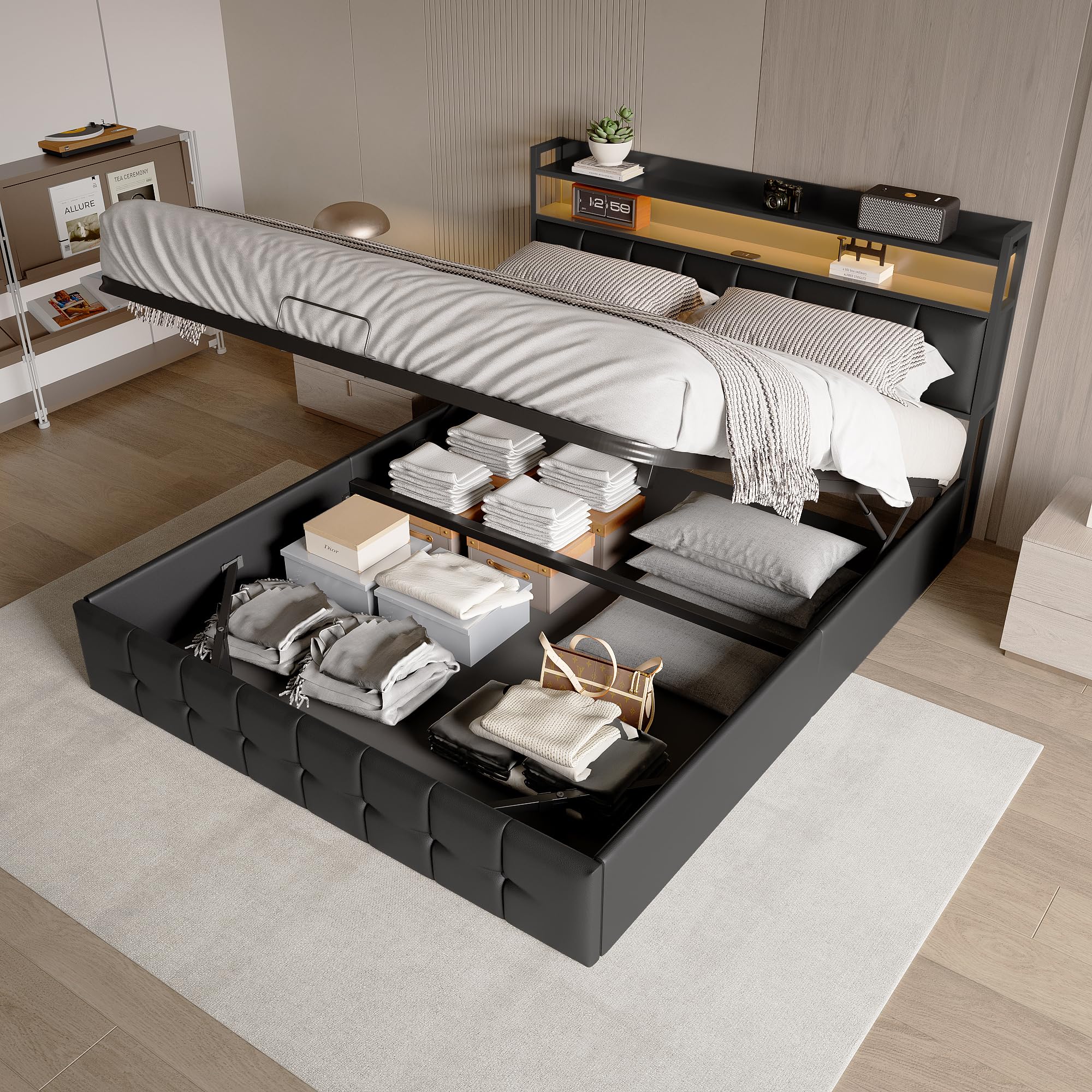 Camas 140x200 con Espacio de Almacenamiento, Cama hidráulica de Matrimonio 140x200cm con LED y USB, Cama Canape Tapizada PU con Cabecero y Somier(Negro)
