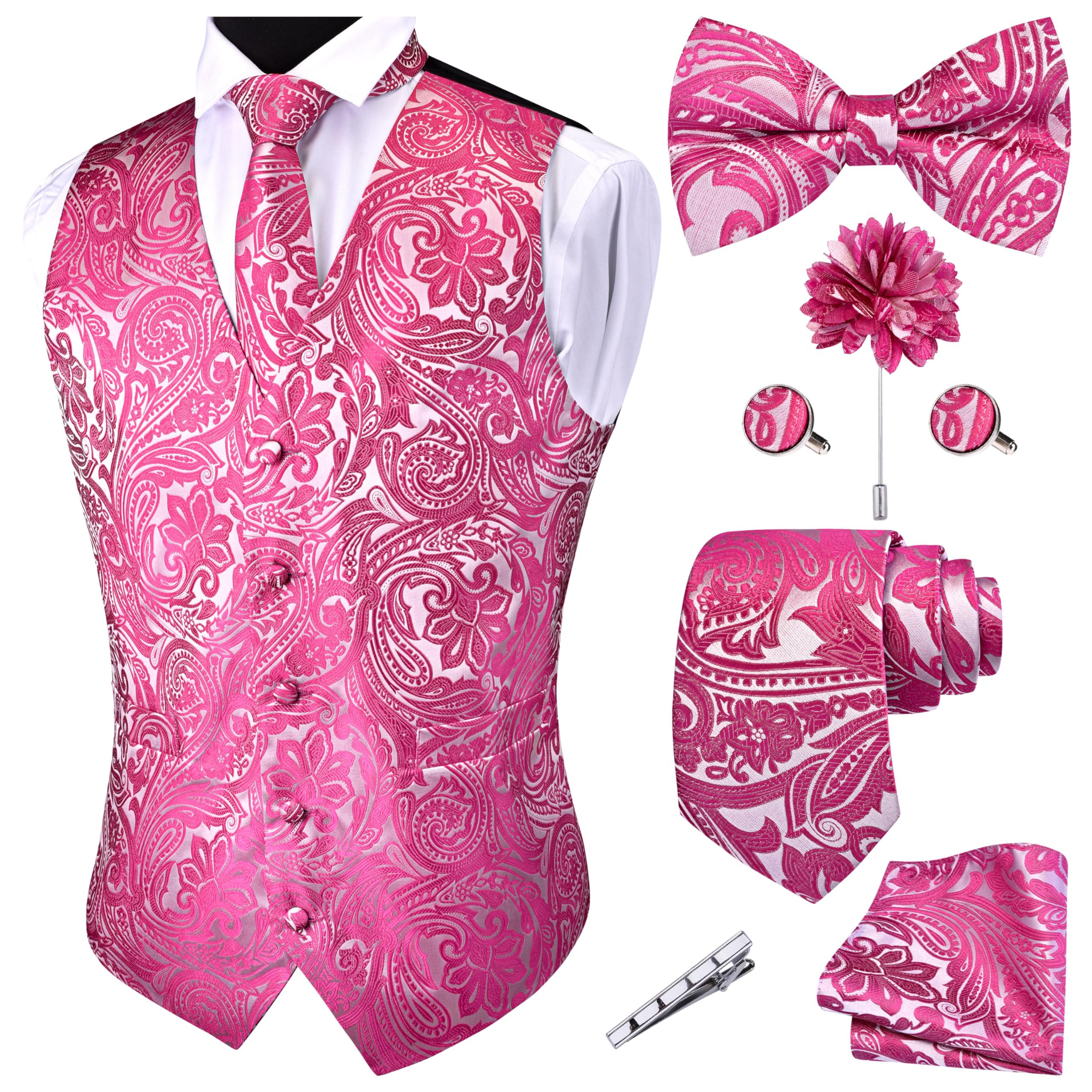 GUSLESON Formal Men Vest Paisley Floral Jacquard Tie Waistcoat Bow tie Hanky Lapel Pin Cufflinks Set Wedding 7PCS
