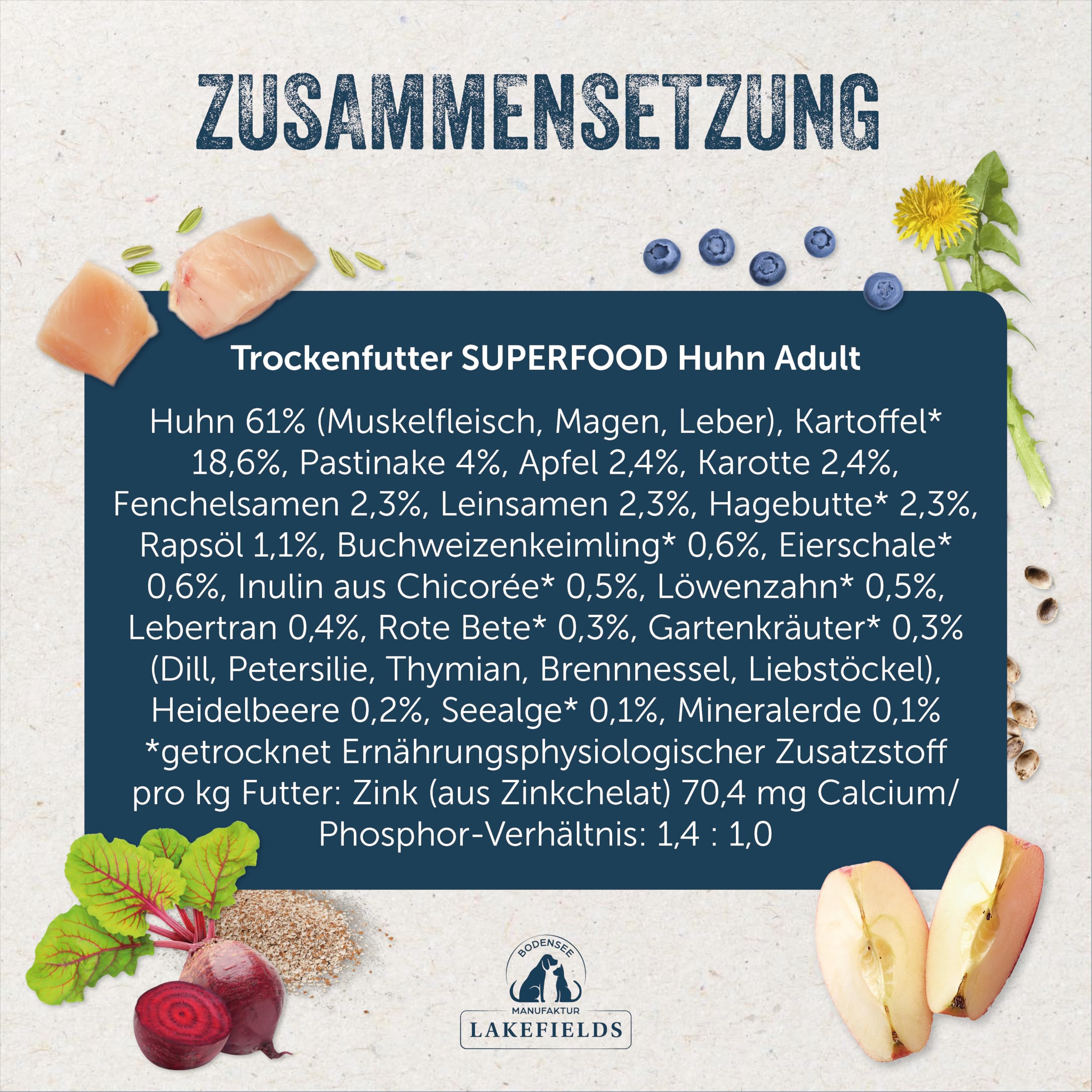 Lakefields SUPERFOOD | sucha karma dla psów premium | 61% kurczak | 4 x 1 kg | bezzbożowa karma dla małych psów | z kompleksem inulinowo-cynkowym, jagodami i czerwonymi burakami | opracowana przez