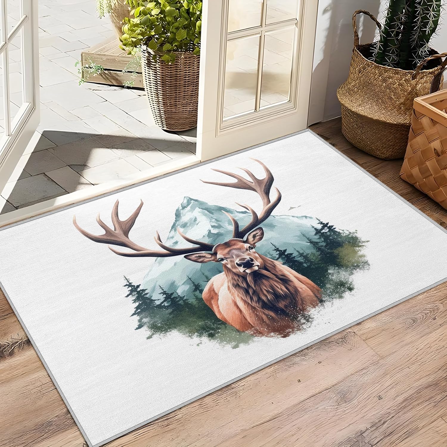 Elk Rugs for Cabin - 2x3 Rug - Elk Rug - Deer Wildlife Mountain Scene Area Rug - Forest Nature Landscape Rugs - Cabin Animal Carpet - Elk Home Decor Gifts