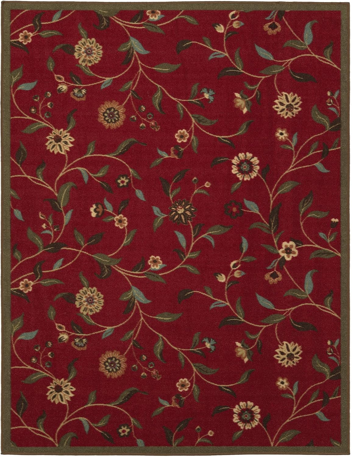Machine Washable Floral Leaves Design Non-Slip Rubberback 3x5 Traditional Area Rug for Living Room, Bedroom, Kitchen, 3'3" x 5', Red Floral Red Area Rug - 3'3" x 5'