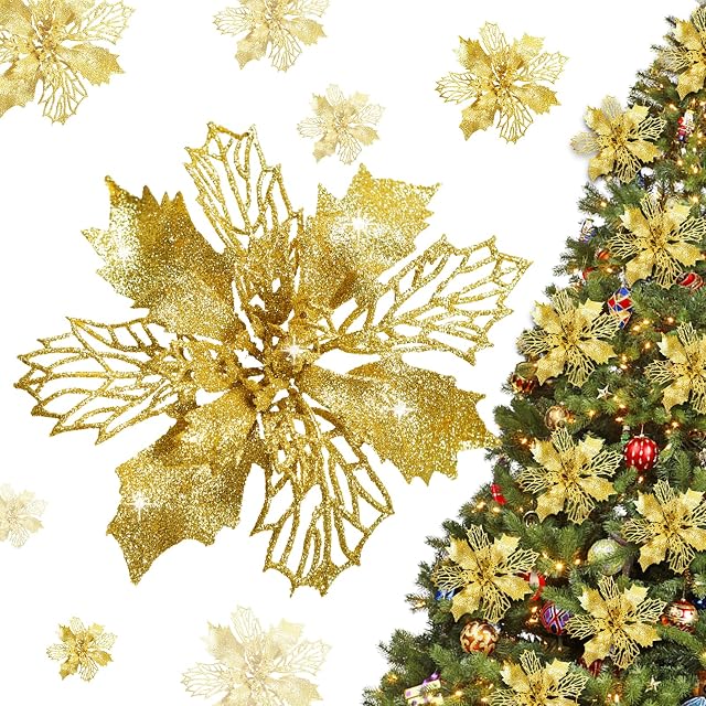 Falflor 20PCS Artificial Glitter Poinsettia Flowers Gold Christmas Poinsettia Flower with Stems Faux Flowers Decorations for Crafts Christmas Tree Wreath