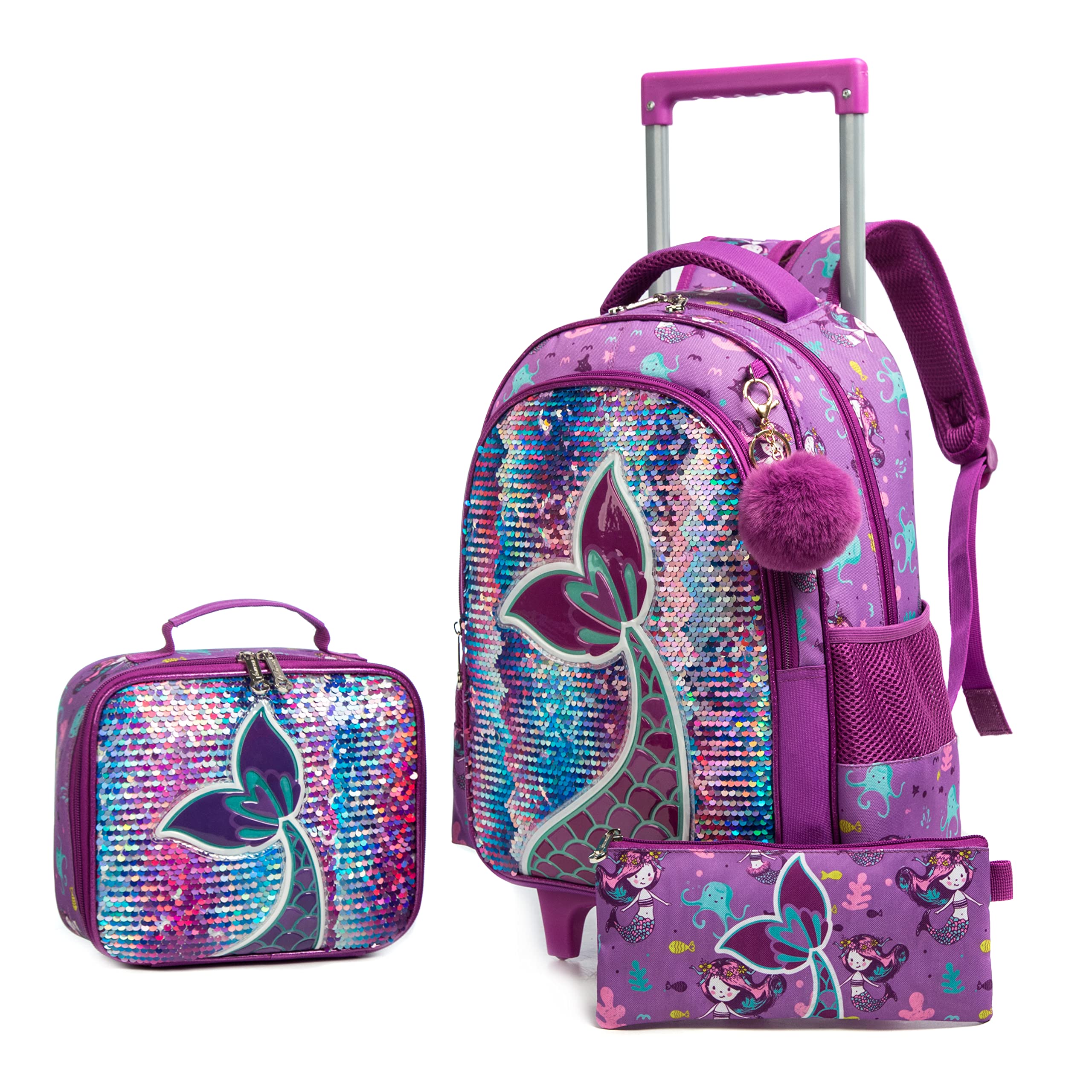 Buy Rolling Backpack for Girls Mermaid Magic Sequin School Bag with