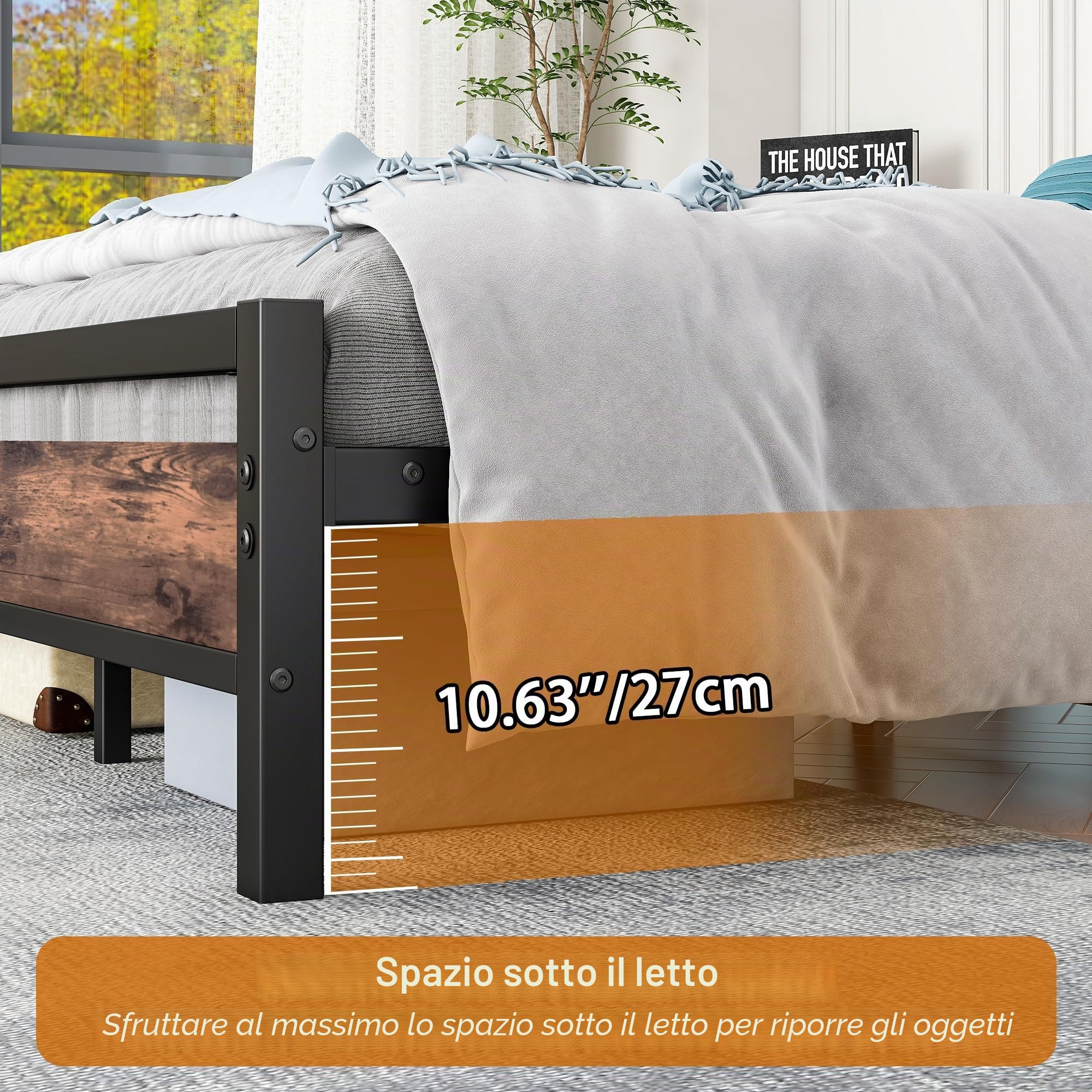 Telaio letto 160 x 200 cm, in metallo e legno, letto in metallo con rete a doghe, letto per ragazzi e ragazzi, 160 x 200 cm, con testiera, in metallo marrone e nero