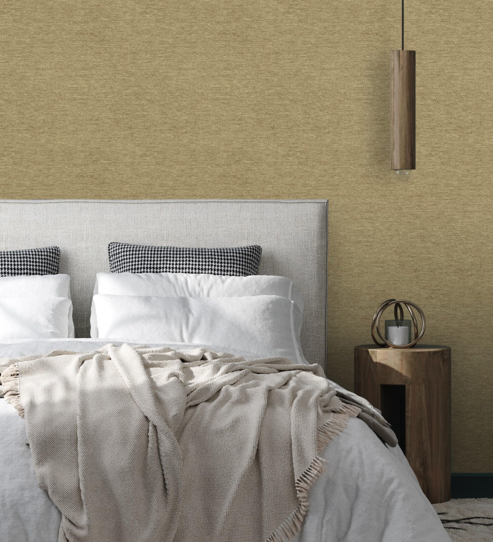 GAULAN 682881 - Papel pintado vinílico efecto fibra vegetal imitación rafia en relieve color oro viejo para pared salón cocina dormitorio pasillo - Rollo de 10 m x 0,53 m