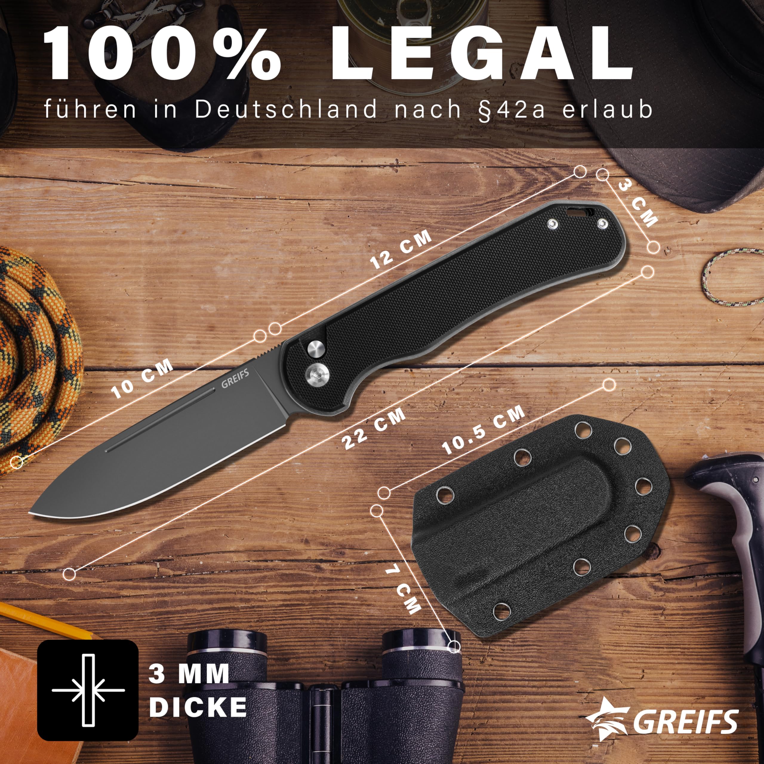 GREIFS® Klappmesser Paxos (Zweihandmesser) aus D2 Stahl mit Buttonlock und Kydexscheide, EDC Messer Outdoor Messer & Survival Taschenmesser, Überlebensmesser, Jagdmesser (TitanBlack)