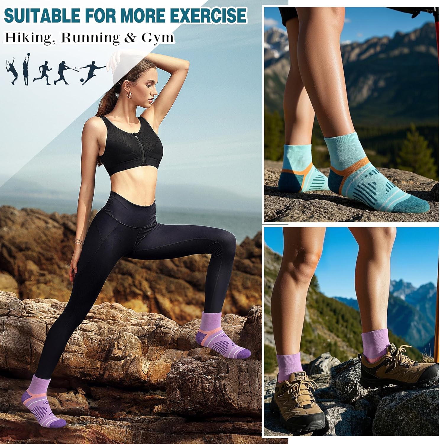 EBMORE 6 Pairs Merino Wool Ankle Hiking Running Socks Compression Support Thick Cushion No Show Socks for Men Women - Image 2