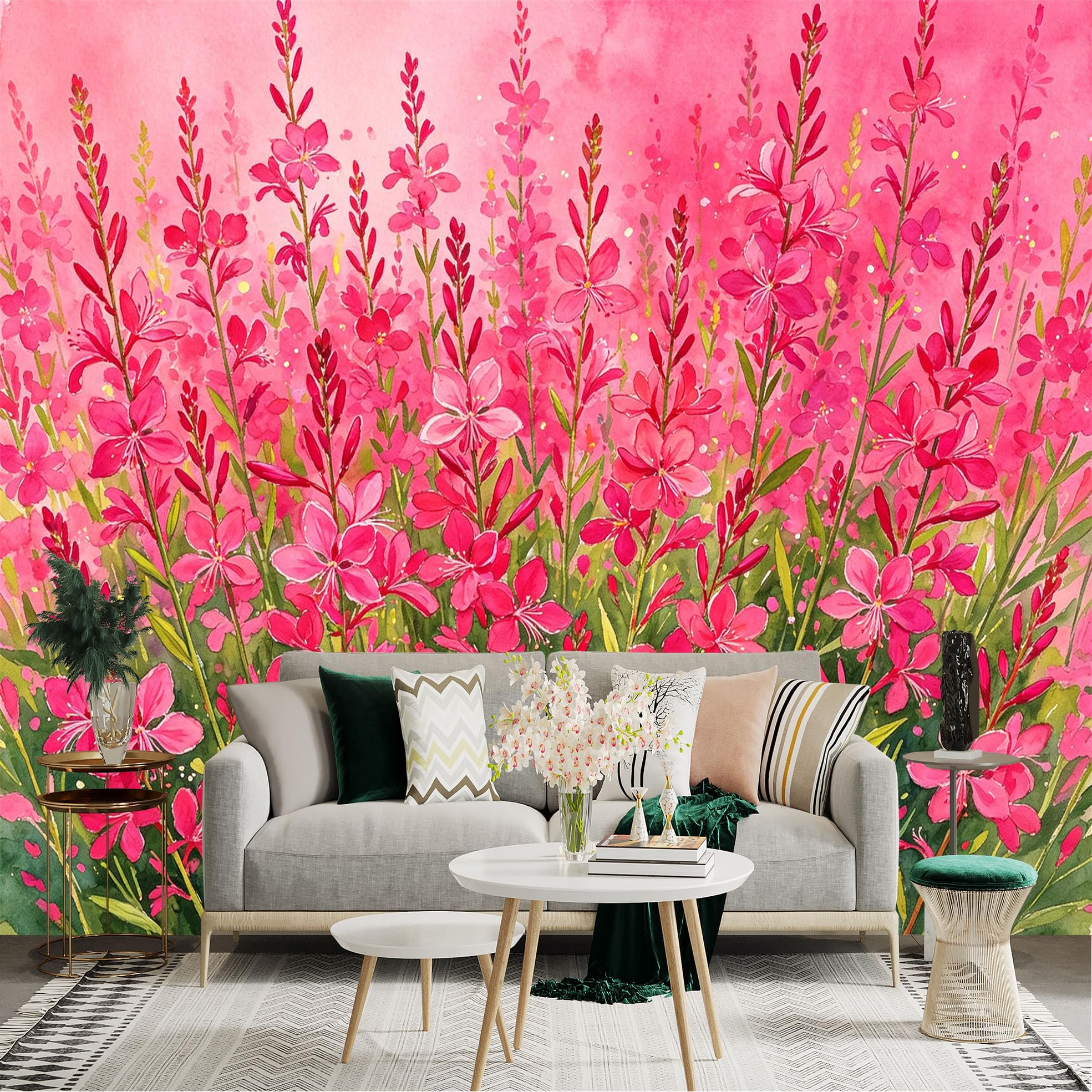 Lnzczhyre Dbh260521364 Custom Size Wall Sticker Mural， Watercolor Hot Pink Wildflowers， Blooming Summer Meadow， Vibrant Floral Botanical Art， For Wall Decoration， Peelandstick Wall Decals.