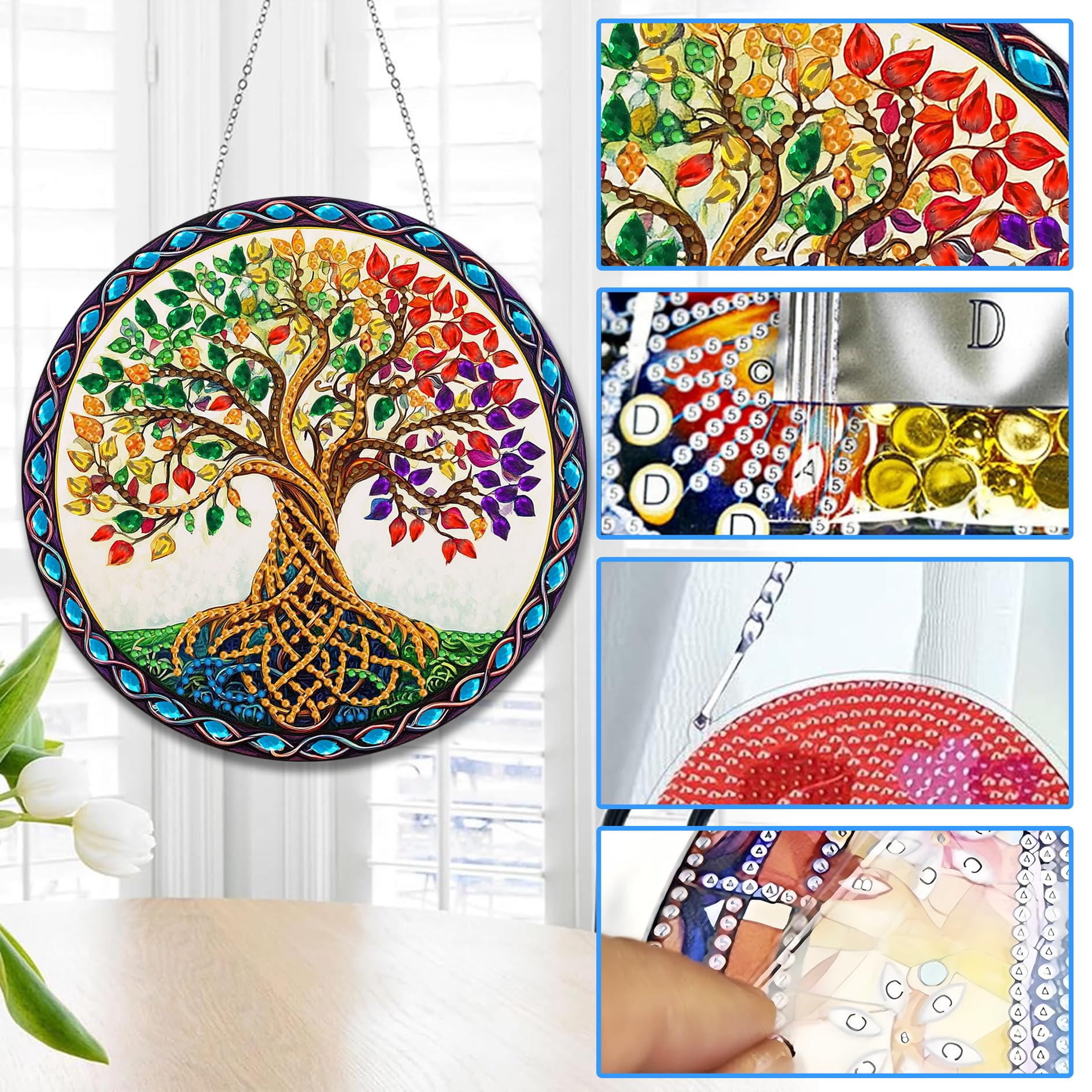 Reofrey Hanging Diamond Painting con Doppio Lato Rhineston Albero, 20x20cm DIY Cristallo Suncatcher Pittura Diamante Acchiappasole Con Catena, Decorazione Appendere Per Finestra Giardino Regalo