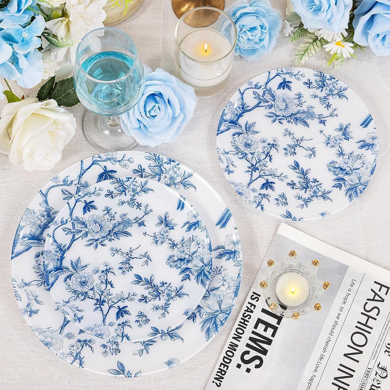 EI 60pcs Blue Plastic Plates Disposable Heavy Duty,Blue and White Floral Disposable Plates,10.25 Dinner & 7.5 Dessert Plate,Natural Fresh and Elegant Decorations for Birthdays/Tea Party/Wedding