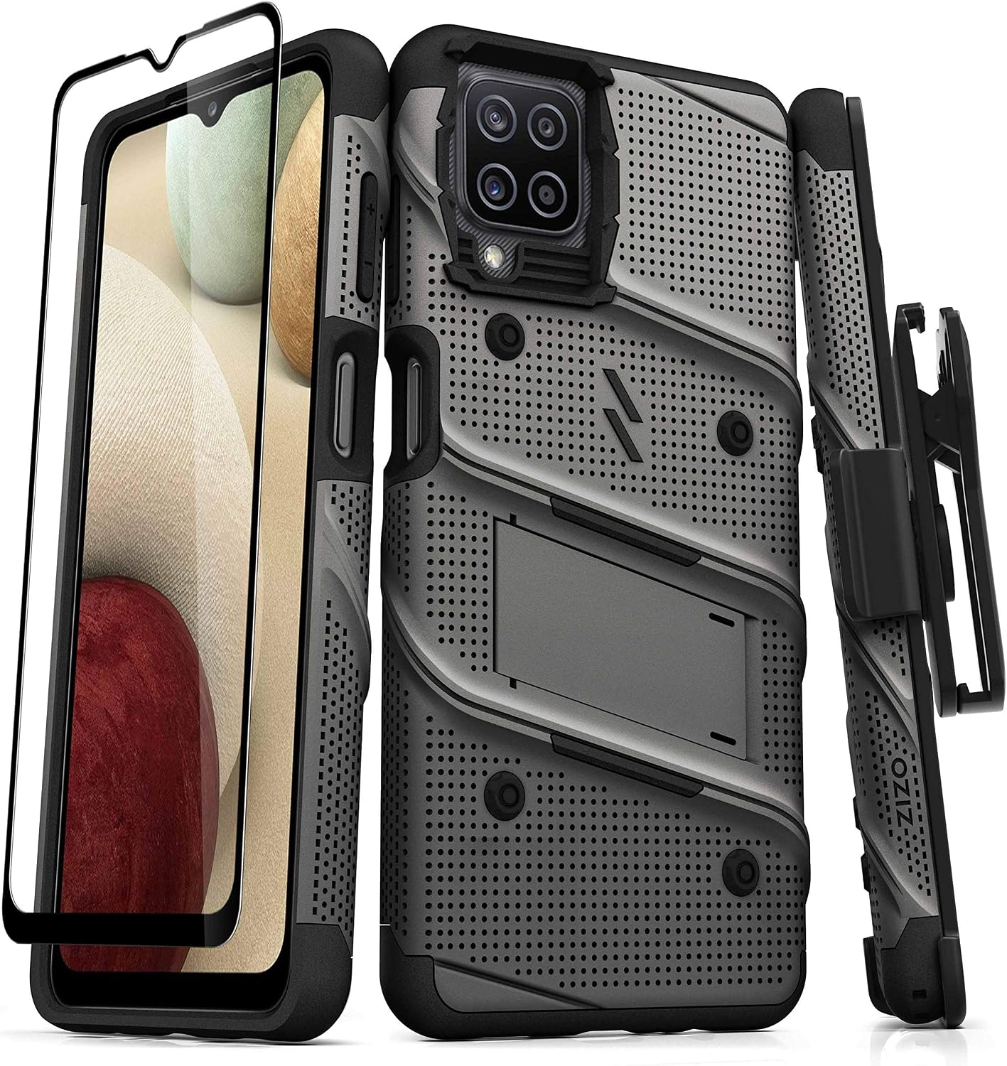 ZIZO Bolt Series for Galaxy A12 Case with Screen Protector Kickstand Holster Lanyard - Gun Metal Gray