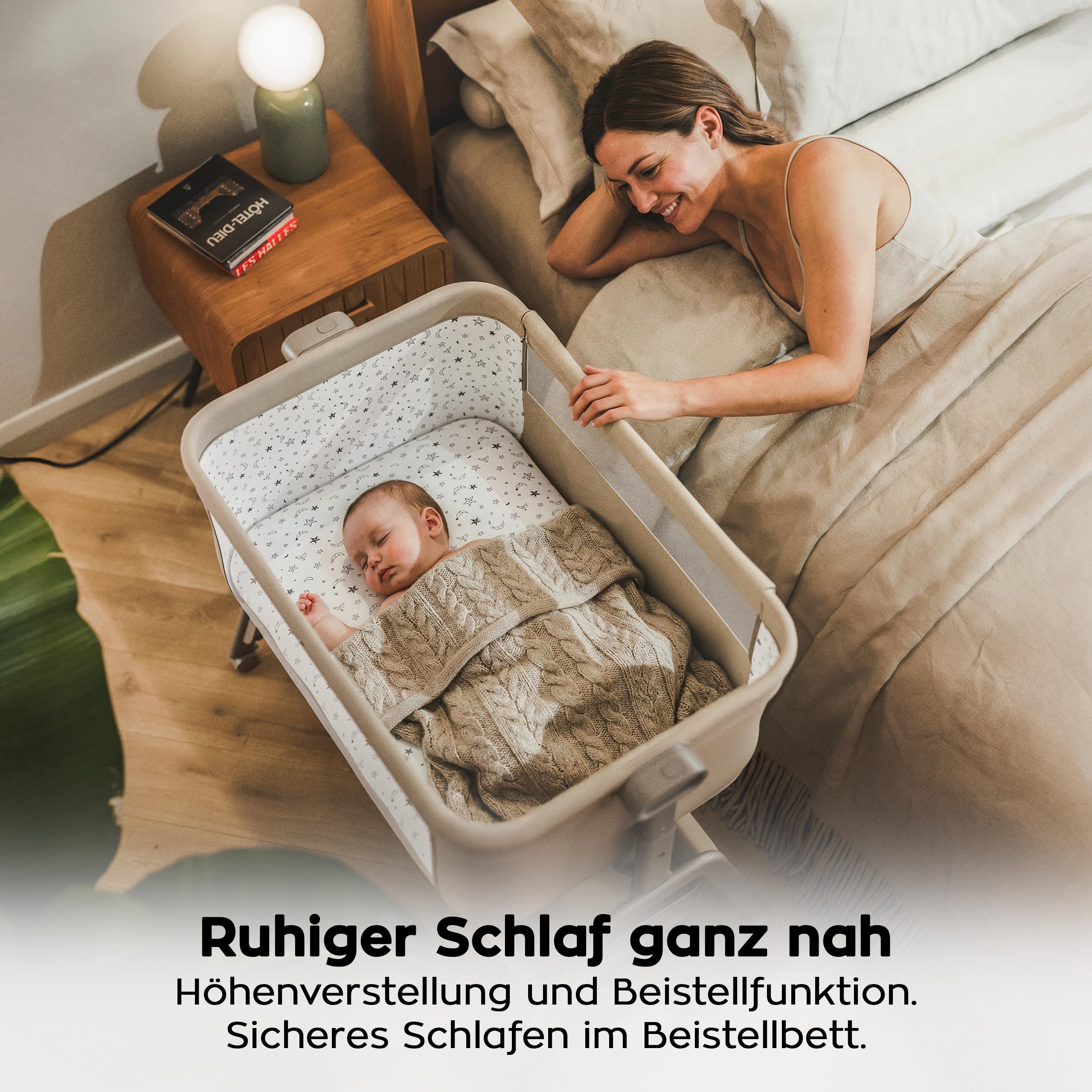 TULANO Dream 50 3in1 Beistellbett Baby mit Rollen - Babybett - Reisebett | mit matratze - höhenverstellbar - bis 9kg - Neigbare Liegefläche - Mit Moskitonetz und Aufbewahrungskorb - Beige