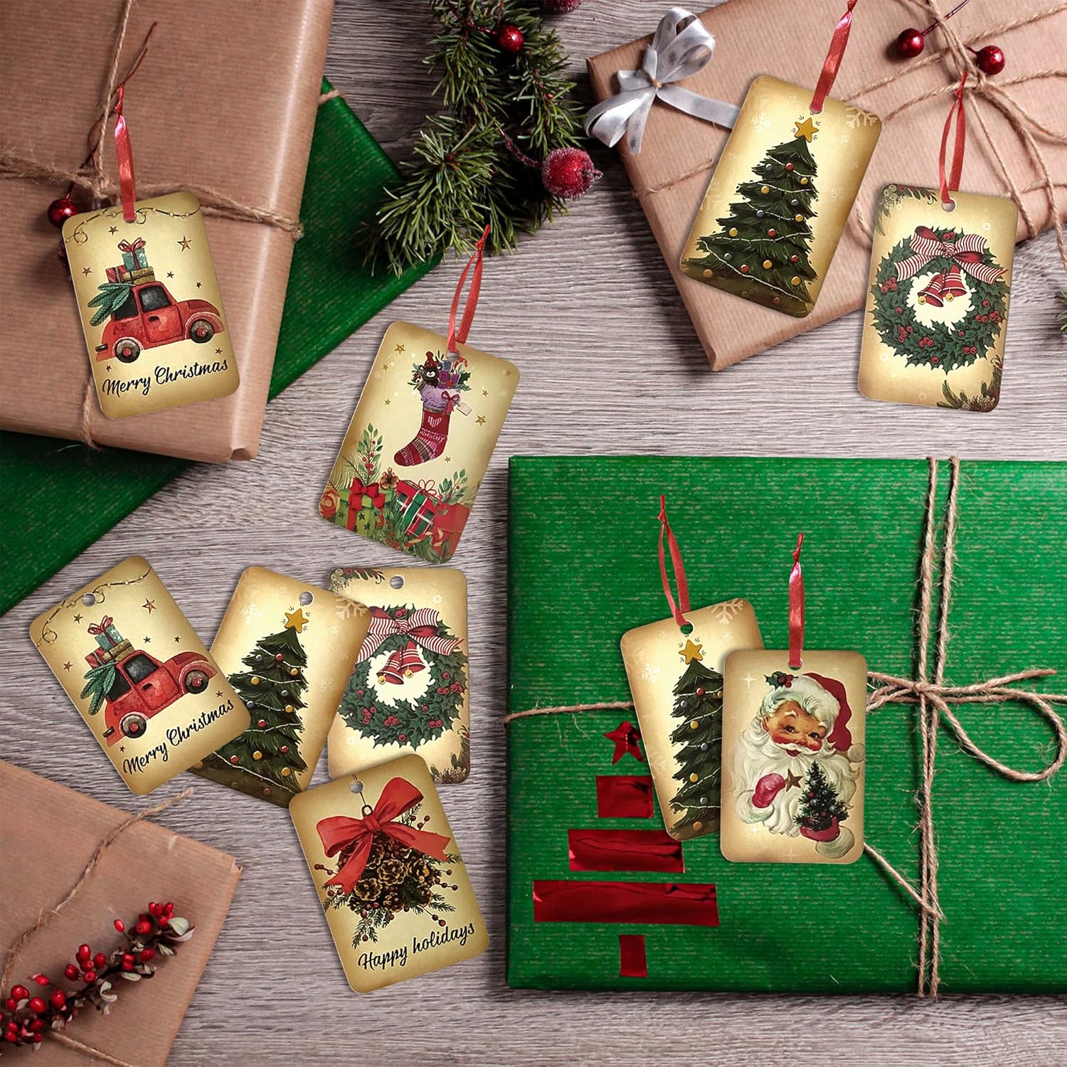 60 Vintage Christmas Gift Tags with String, Retro Xmas Hanging Name Tags with Santa Claus Perfect for Presents Wrapping Holiday Home Decor(2’’ x 3’’) - Image 4