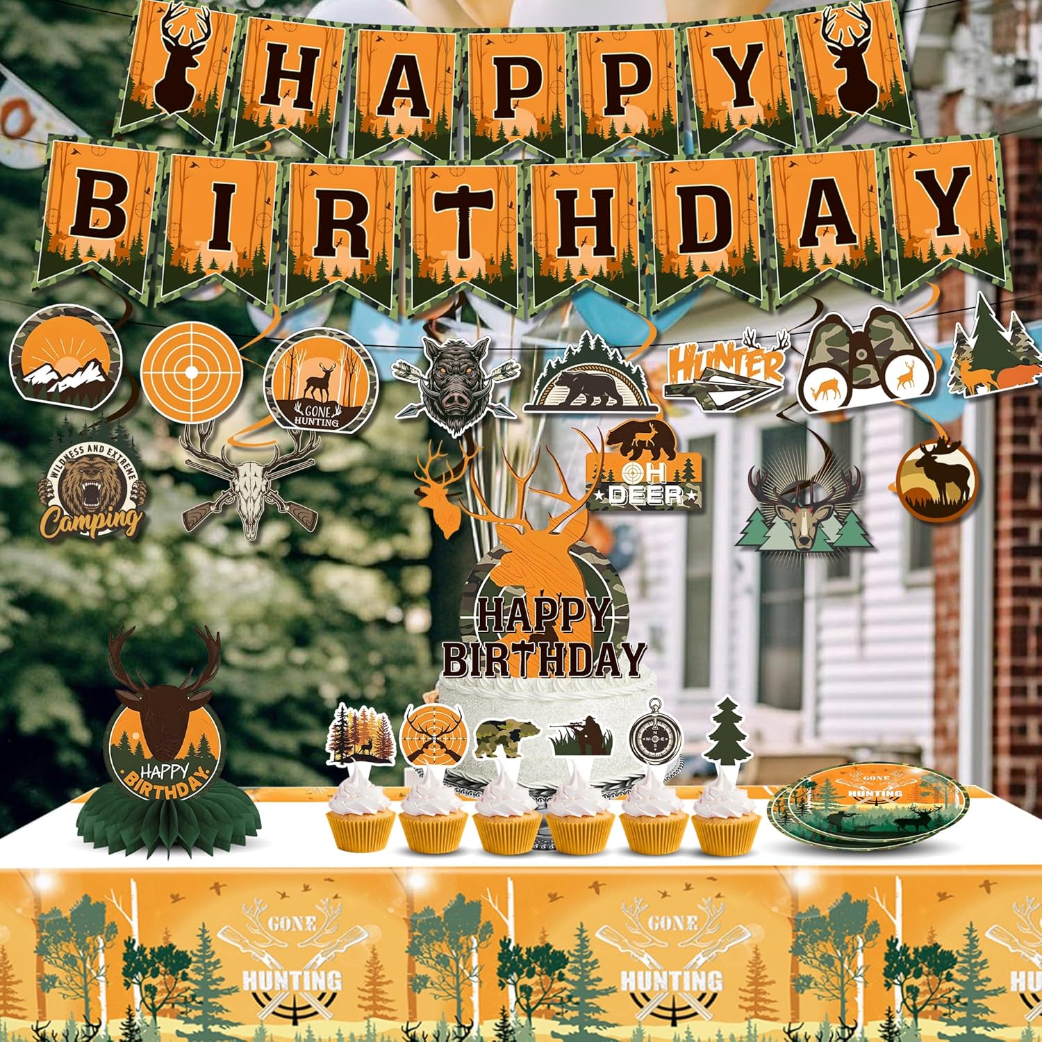 Hunting Birthday Party Decorations – Camo Deer Theme Party Tablecloth, Plates, Napkins, Banner, Garland, Cake Toppers, Centerpieces, and Hanging Swirls for Boys Hunting Party