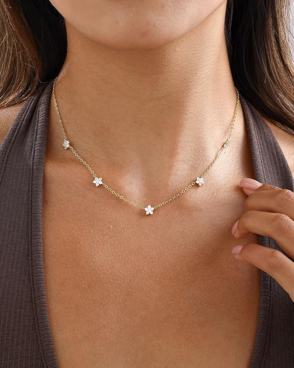 Gold Necklace for Women Non Tarnish, 14K Gold Plated Dainty CZ Clover Marquise Flower Charm Diamond Choker Necklace for Women Trendy Wedding Jewelry - Image 2