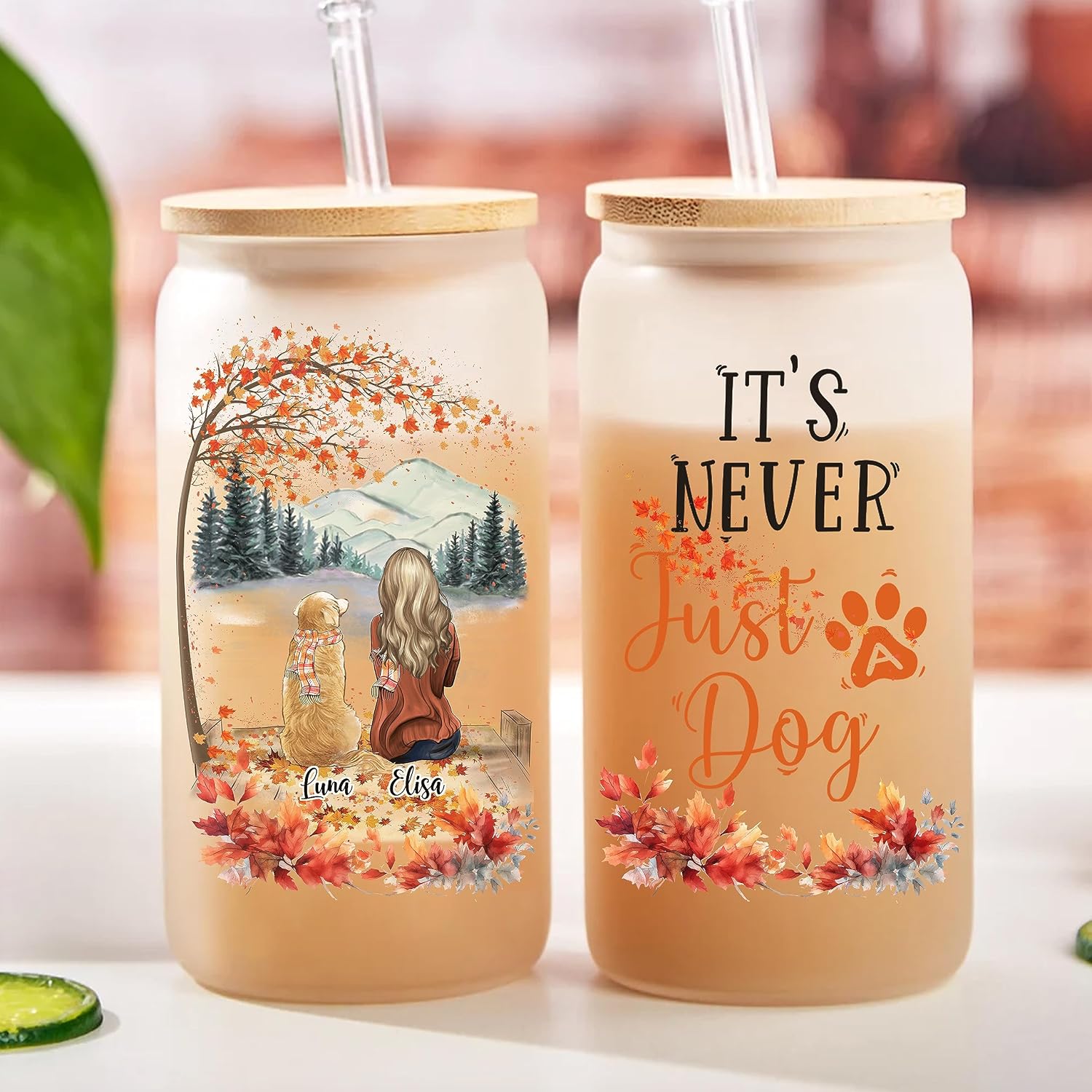 Gossby 16oz Personalized Dog Mom Glass Tumbler with Lid, Straw - Custom Birthday, Christmas, Mothers Day, Fall Gift for Dog Lover Women with Design, Name - Dog Owner Gift - It's Never Just A Dog