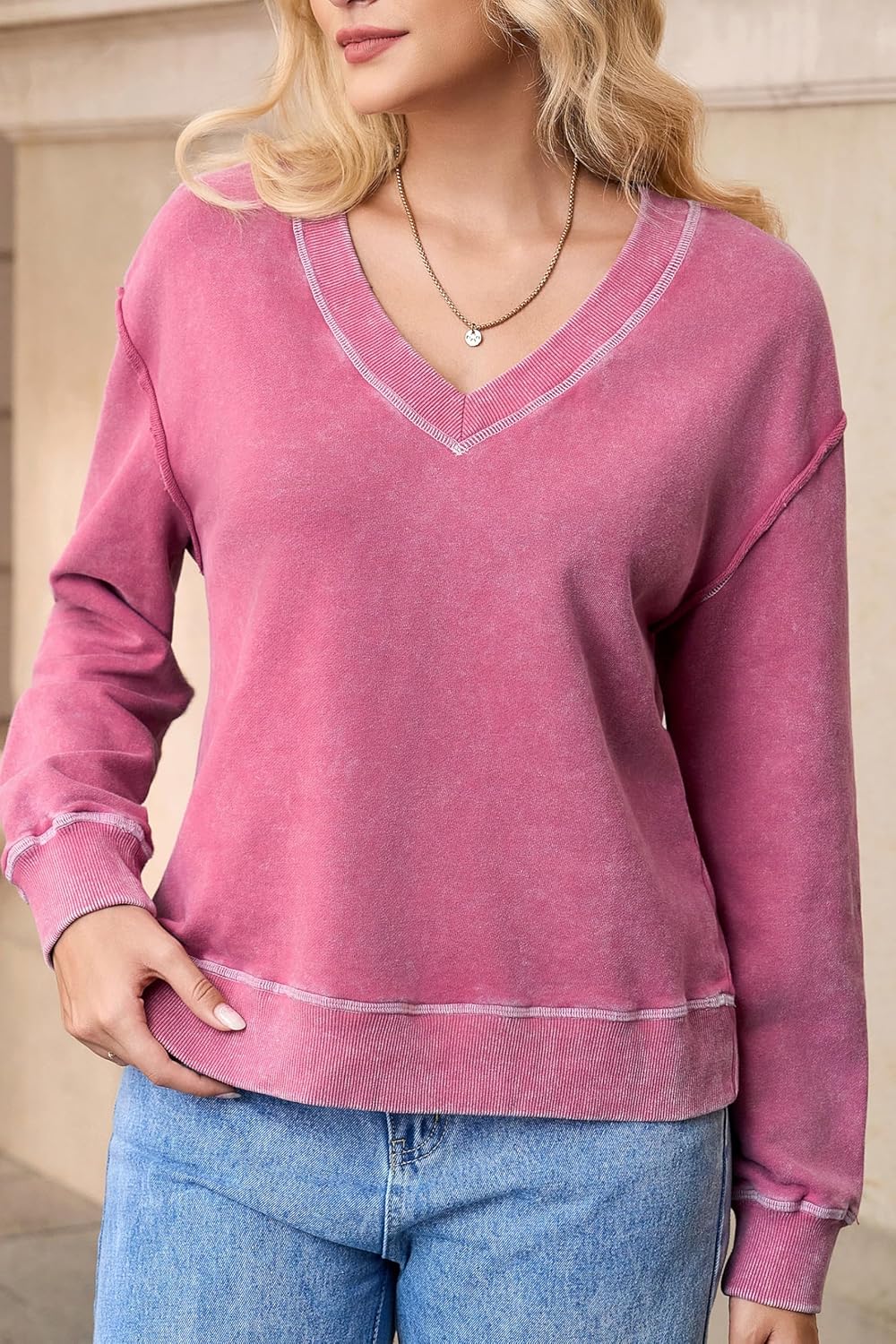 Women's 100% Cotton Retro Sweatshirt V-Neck Long Sleeve Loose Fit Pullover Tops - Image 6