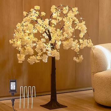 LITBLOOM White Cherry Blossom Tree with Lights 4FT 180 Fairy Lights, Faux Lighted Tree for Indoor Outdoor Home, Wedding, Party Spring Decoration