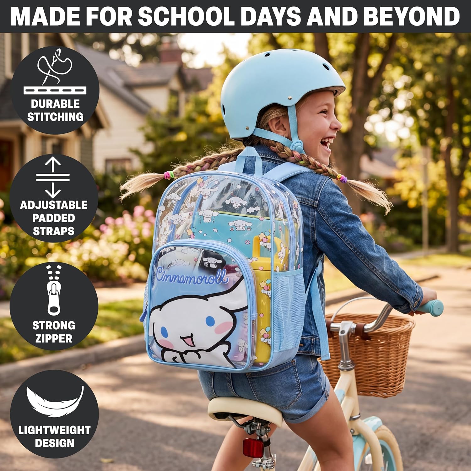 Get Trend Cinnamoroll Sanrio Girls Clear Backpack, 17 inch Transparent School Bookbag, See Through Travel Bag with Straps, Kawaii Gifts for Girls (Blue Cinnamoroll)