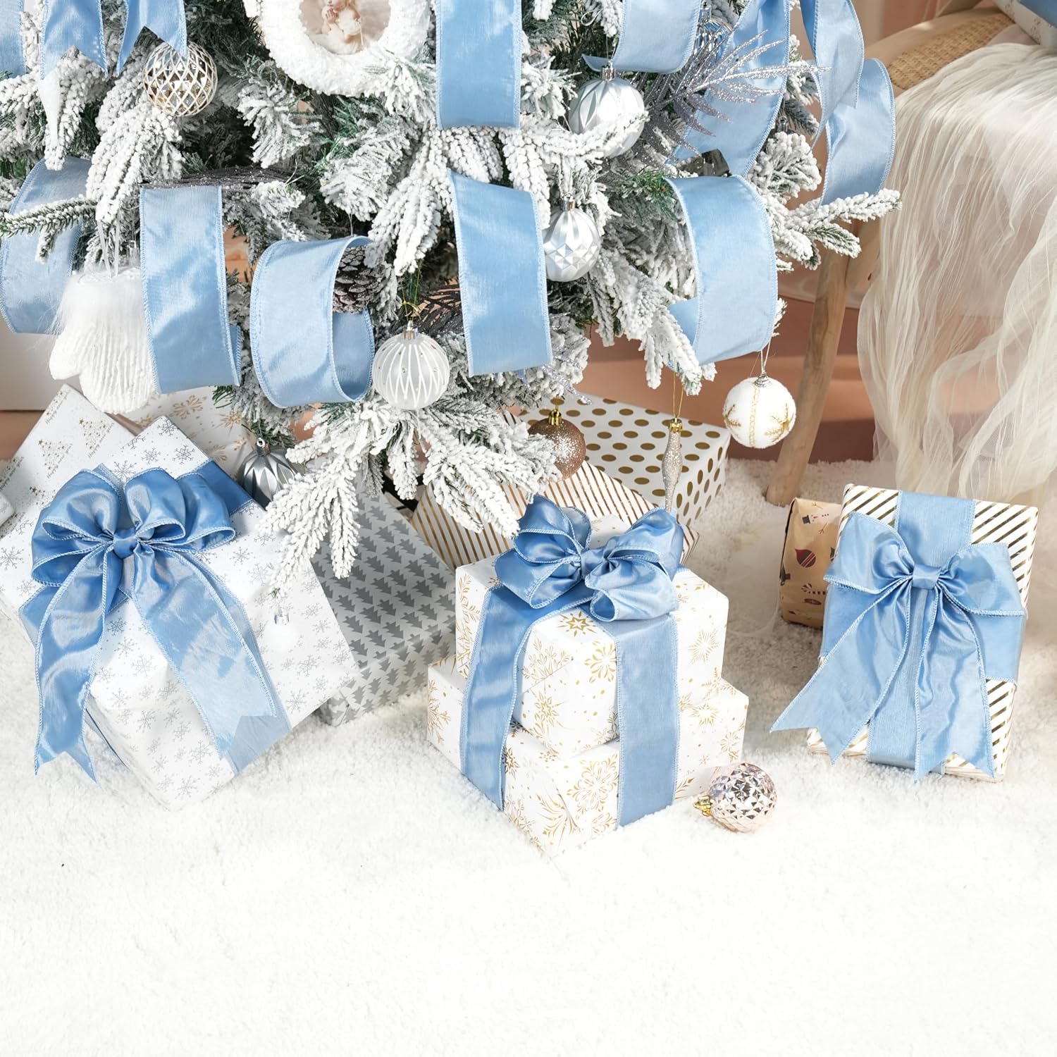 Dusty Blue Christmas Ribbon Wired 2.5" x 10 Yard | French Blue Wired Ribbon, Christmas Tree Decorations, Topper Bows & Wreaths, Crafts & Home Decor, Gift Wrapping