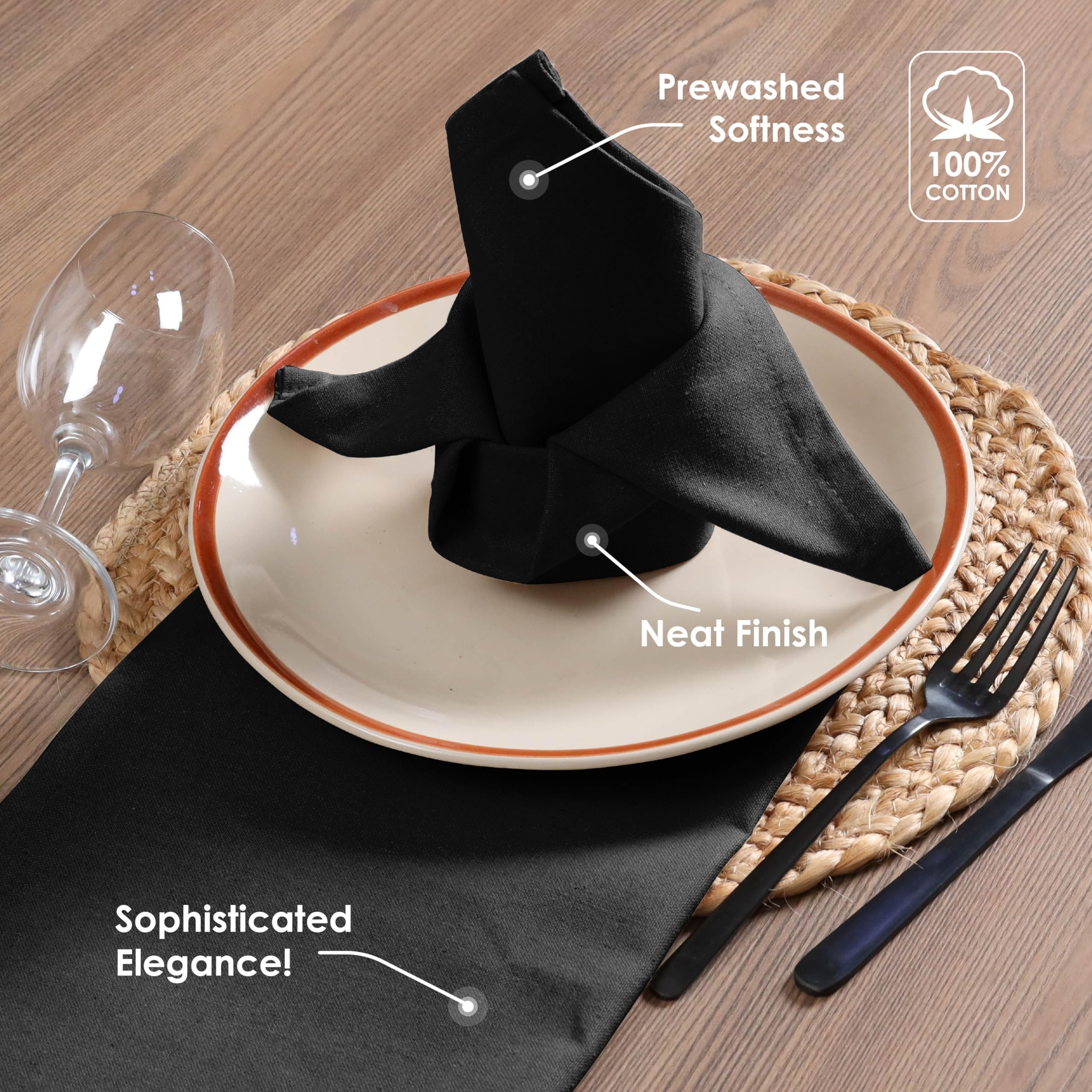 HEIRLOOM COMFORT 6 Pack Black Cloth Dinner Napkins, 100% Cotton, 43x43 cm, Soft, Washable, Reusable - Image 4