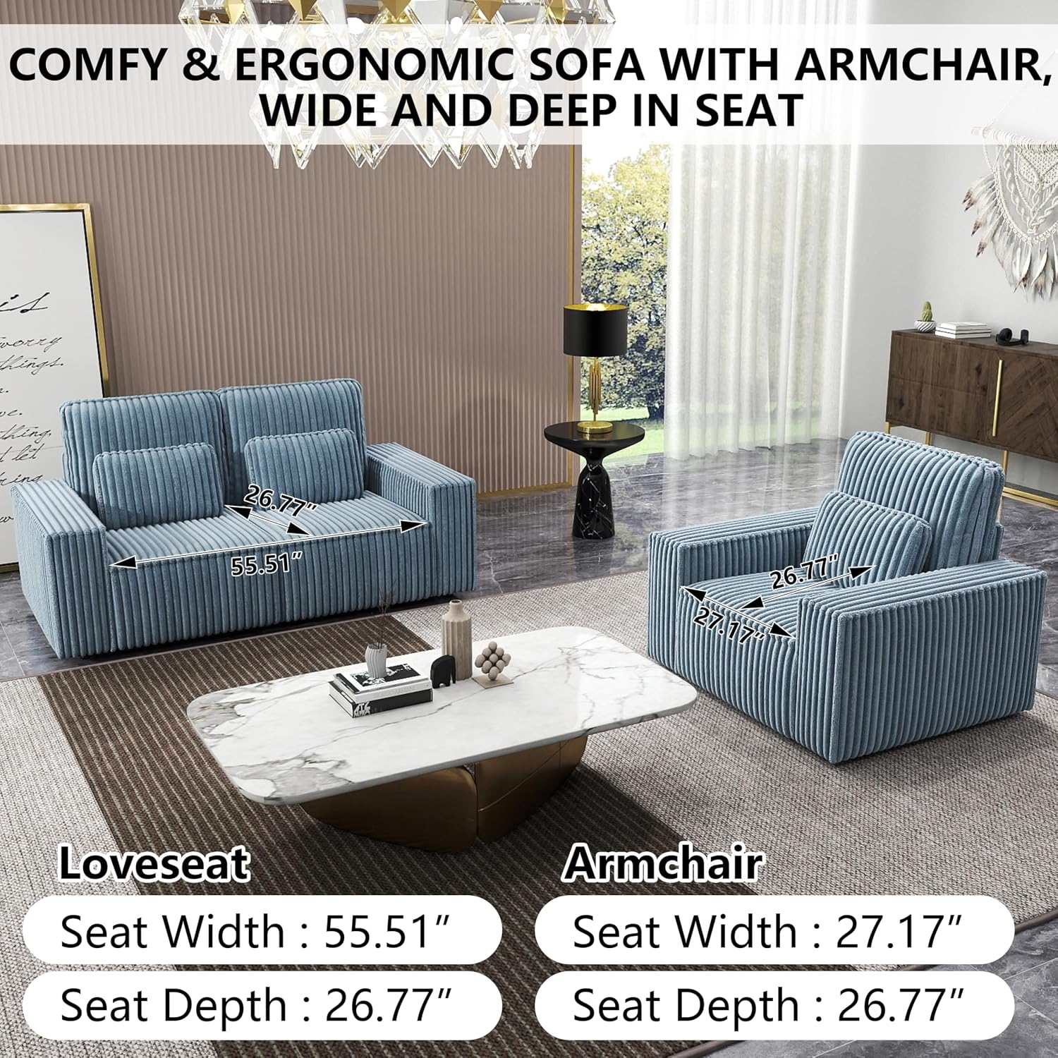 mikibama 2PC Corduroy Sofa Couch with Chair Set for Living Room,Modern 2 Piece Loveseat Sofa and Armchair Set，Deep Seat 2 Seater Couch with Accent Chair for Office,Apartment