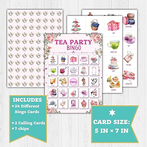 Miniatura 2 de cyazila Tarjetas de bingo de fiesta de té, juegos de novia de té, juegos de fiesta de té rosa, juegos de bingo para 24 jugadores para adultos,