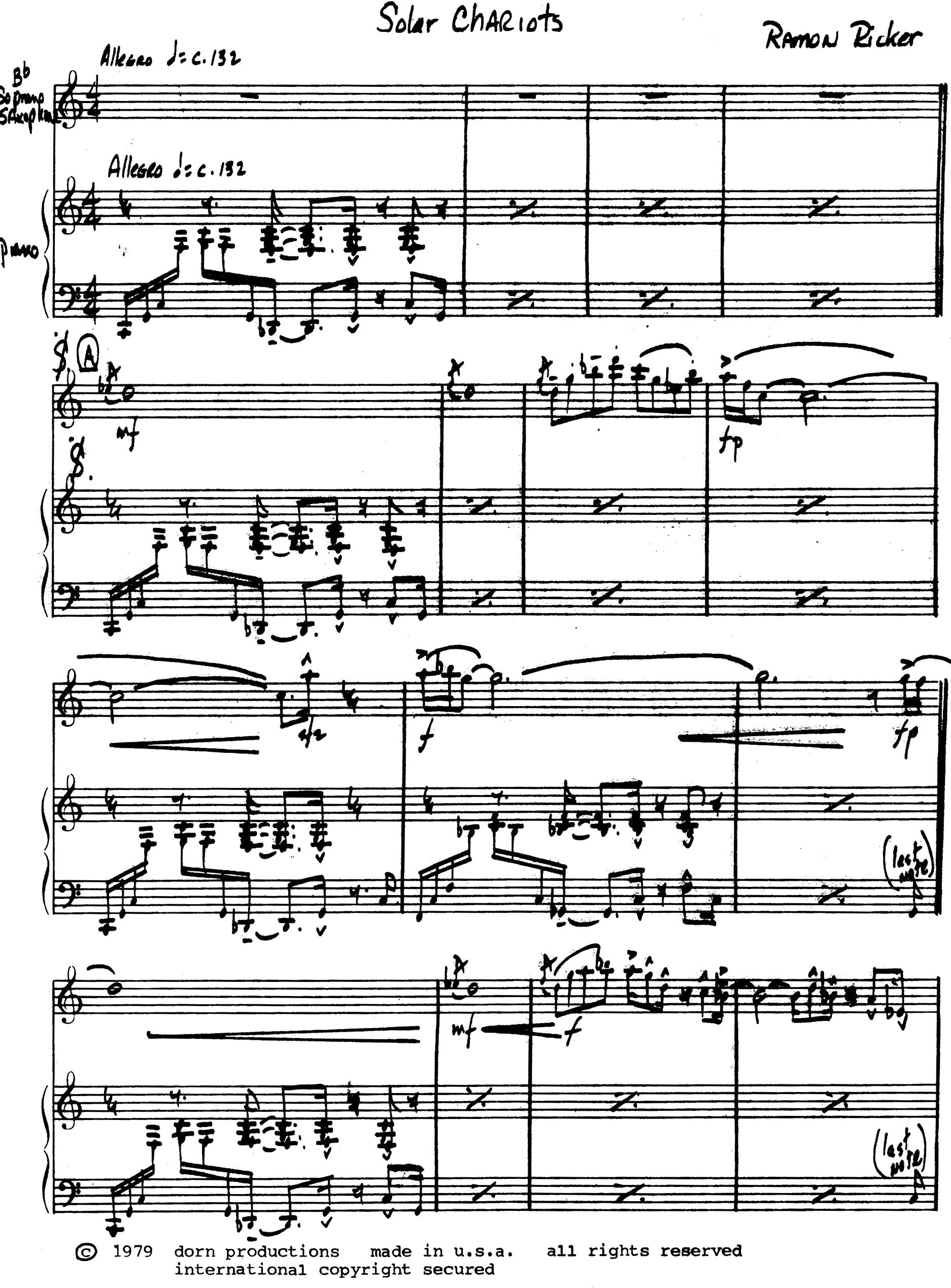 Solar Chariots for Soprano Saxophone and Piano by Ramon Ricker
