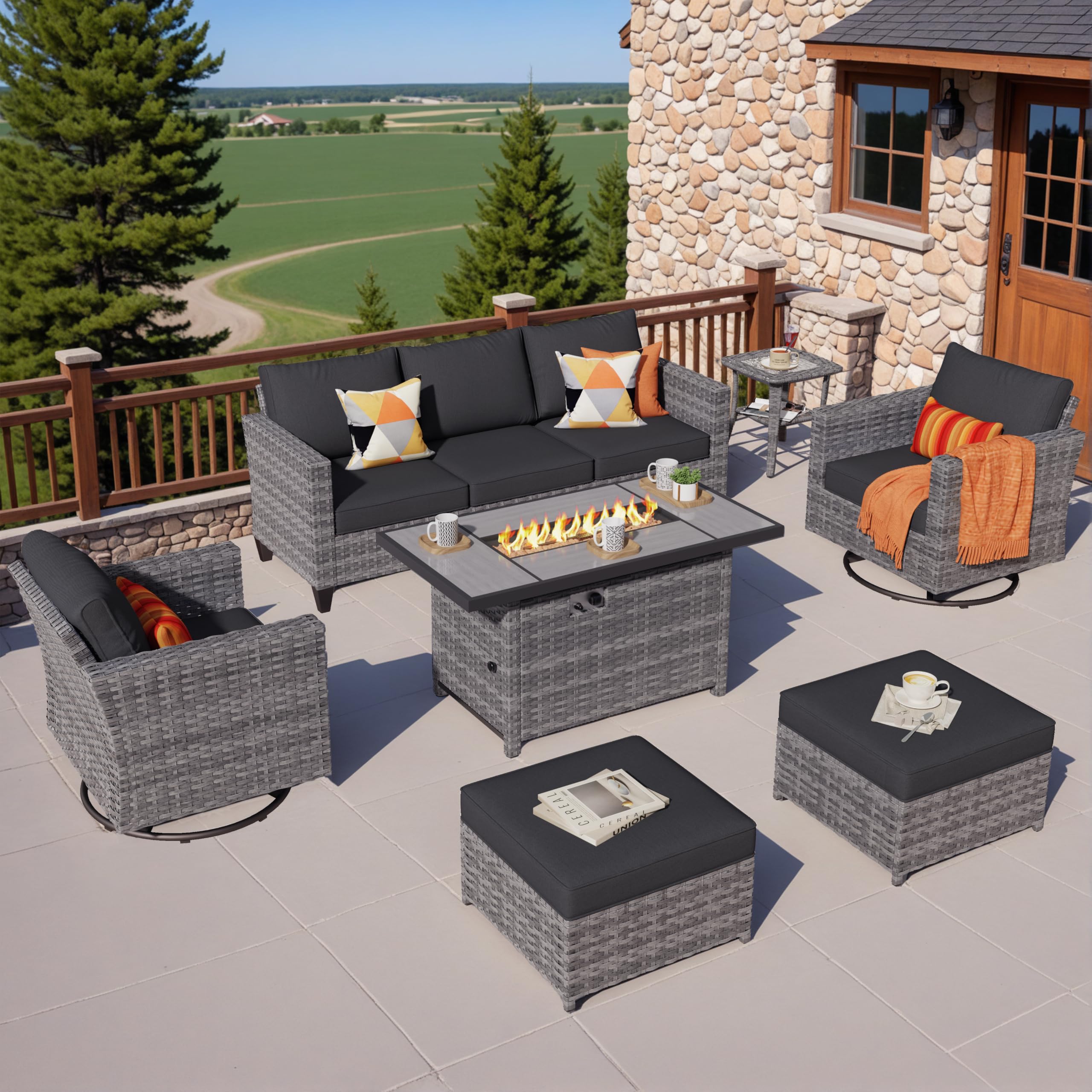 ovios 7 Pieces Patio Furniture Set with Rectangular Fire Pit Table, Swivel Rocking Chairs, Outdoor High Back Wicker Rattan Conversation Set for Deck Porch, Black