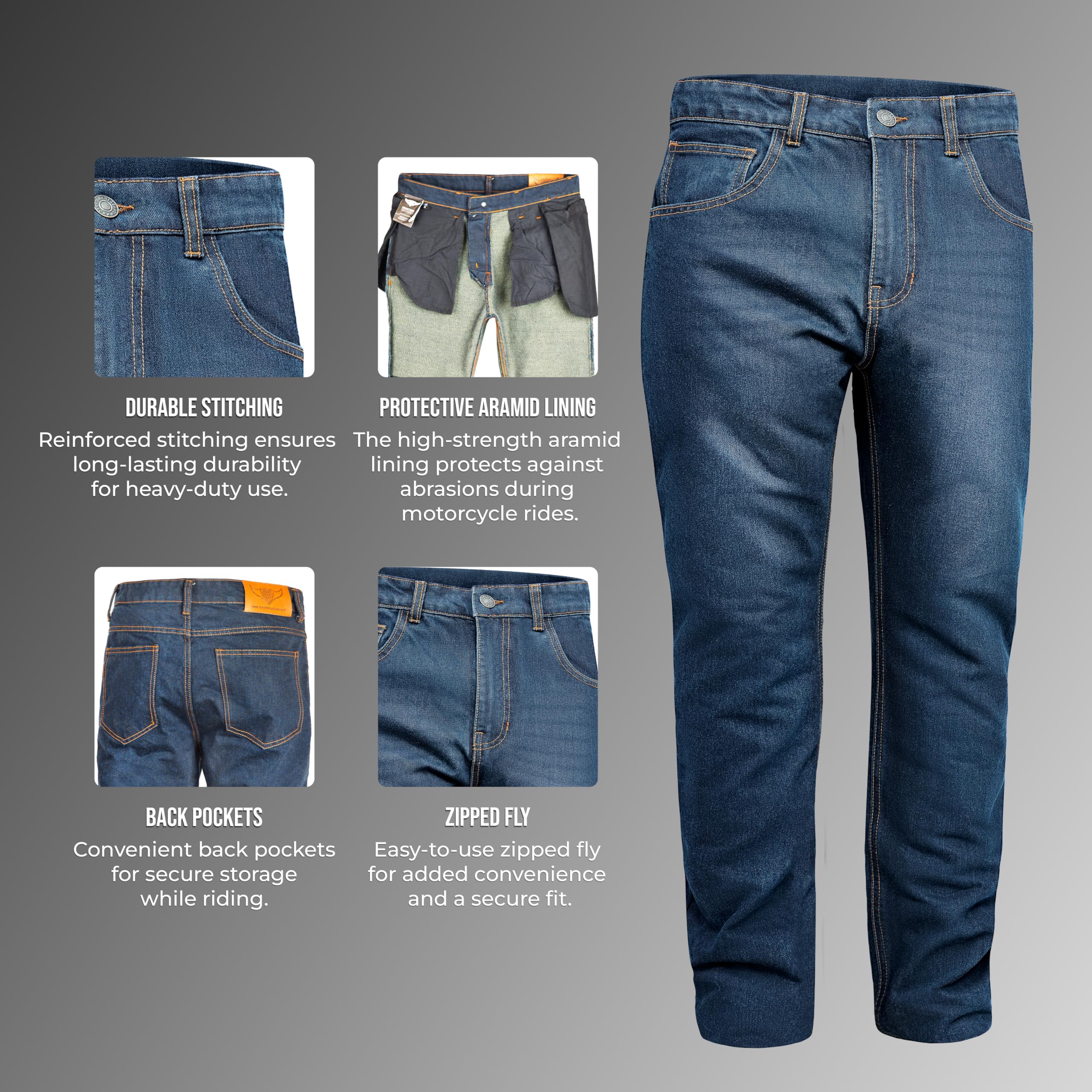Great Bikers Gear - Jeans protettivi da Uomo, Fodera in aramide, Pantaloni da Motociclista da Moto, Fodera Protettiva Rinforzata, Protezione per Ginocchia e Fianchi