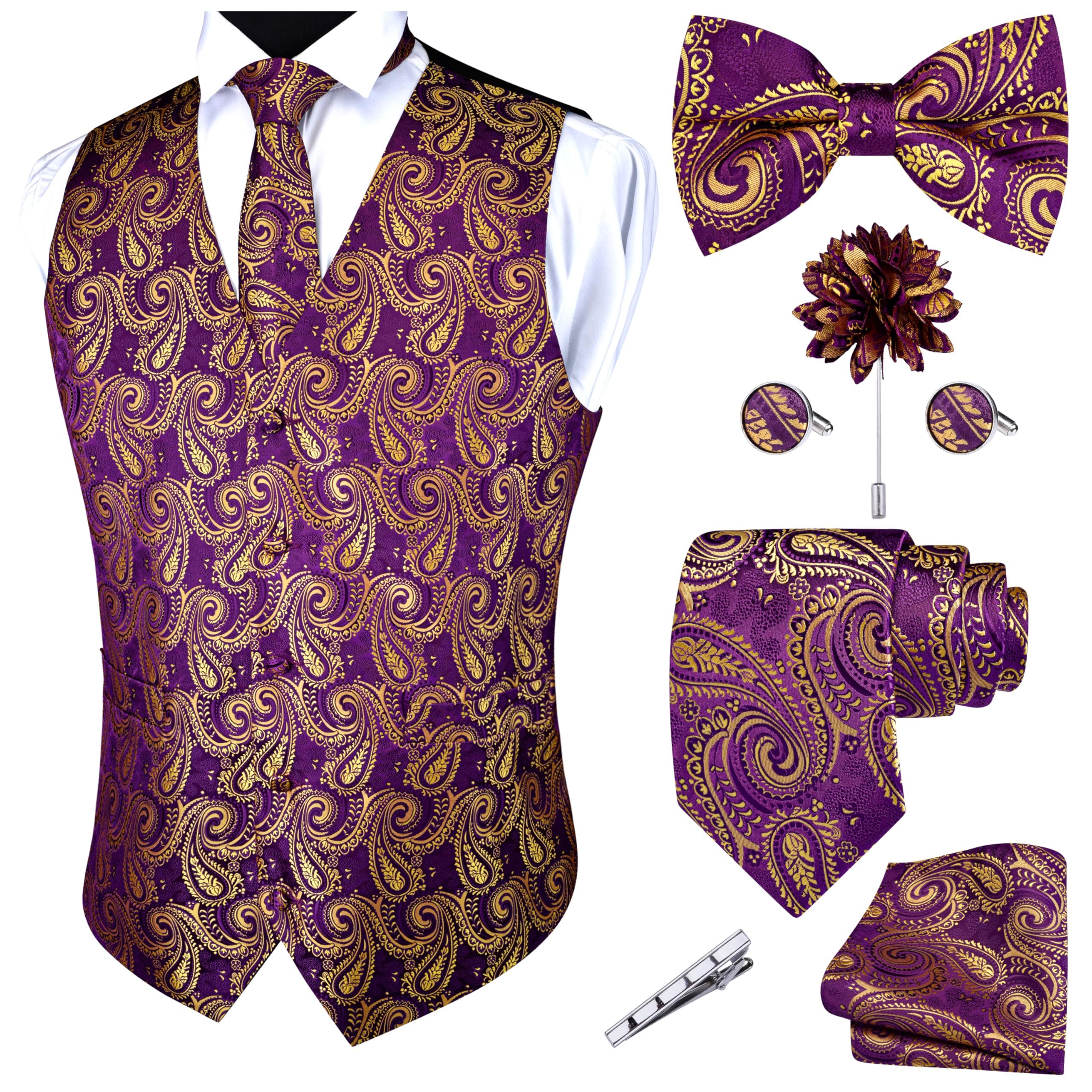 GUSLESON Formal Men Vest Paisley Floral Jacquard Tie Waistcoat Bow tie Hanky Lapel Pin Cufflinks Set Wedding 7PCS