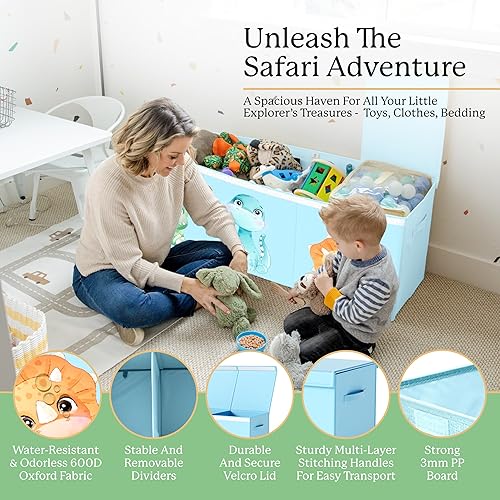 Miniatura 4 de Caja de juguetes de dinosaurio extra grande  40 x 13.5 x 16.5 pulgadas pecho plegable para juguetes con divisores y tapa para niños y niñas,