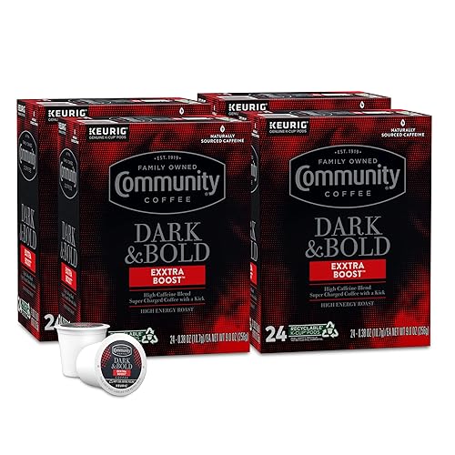 Community Coffee Dark & Bold Exxtra Boost - 96 cápsulas de café, compatible con cafeteras Keurig 2.0 K-Cup, 24 unidades (paquete de 4)