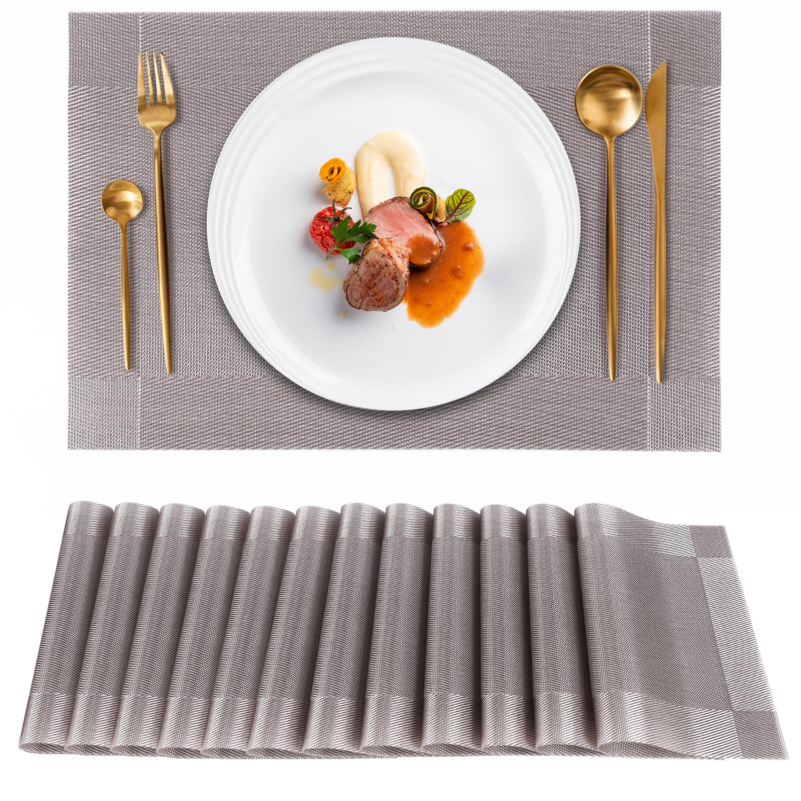 Gucass 12-Piece Placemats, Brown, Rectangular, 45 x 30 cm, Washable, Non-Slip PVC, Heat Resistant, Ideal for Kitchen, Restaurant, Dining Table