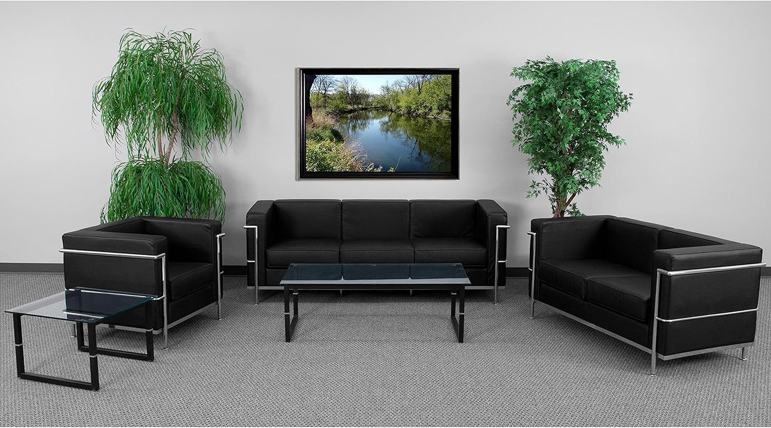 Flash Furniture HERCULES Regal Series Reception Set in Black LeatherSoft with Encasing Metal Frame
