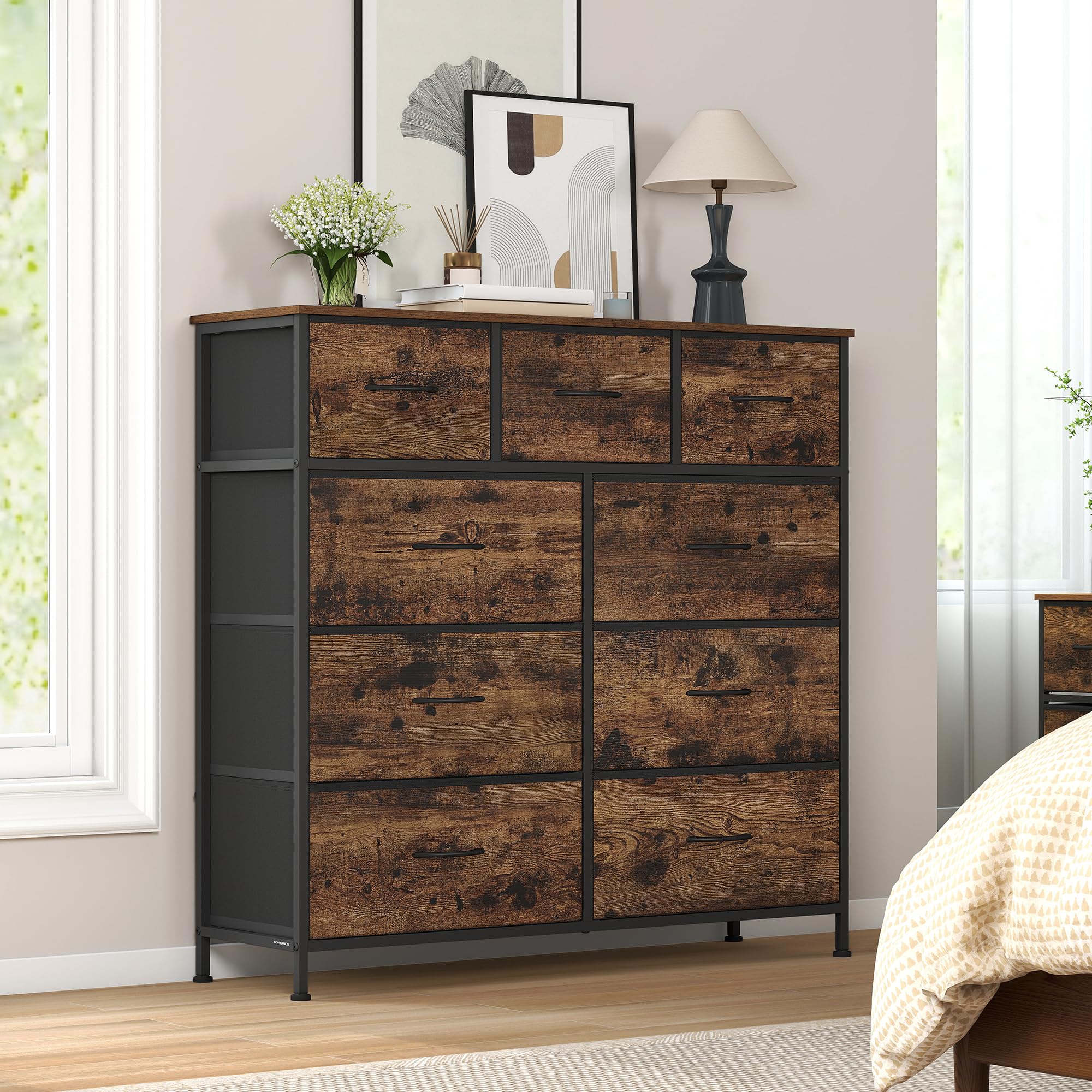 Chest with fabric drawers for versatile storage, Rustic Brown + Ink Black / 9 Drawers