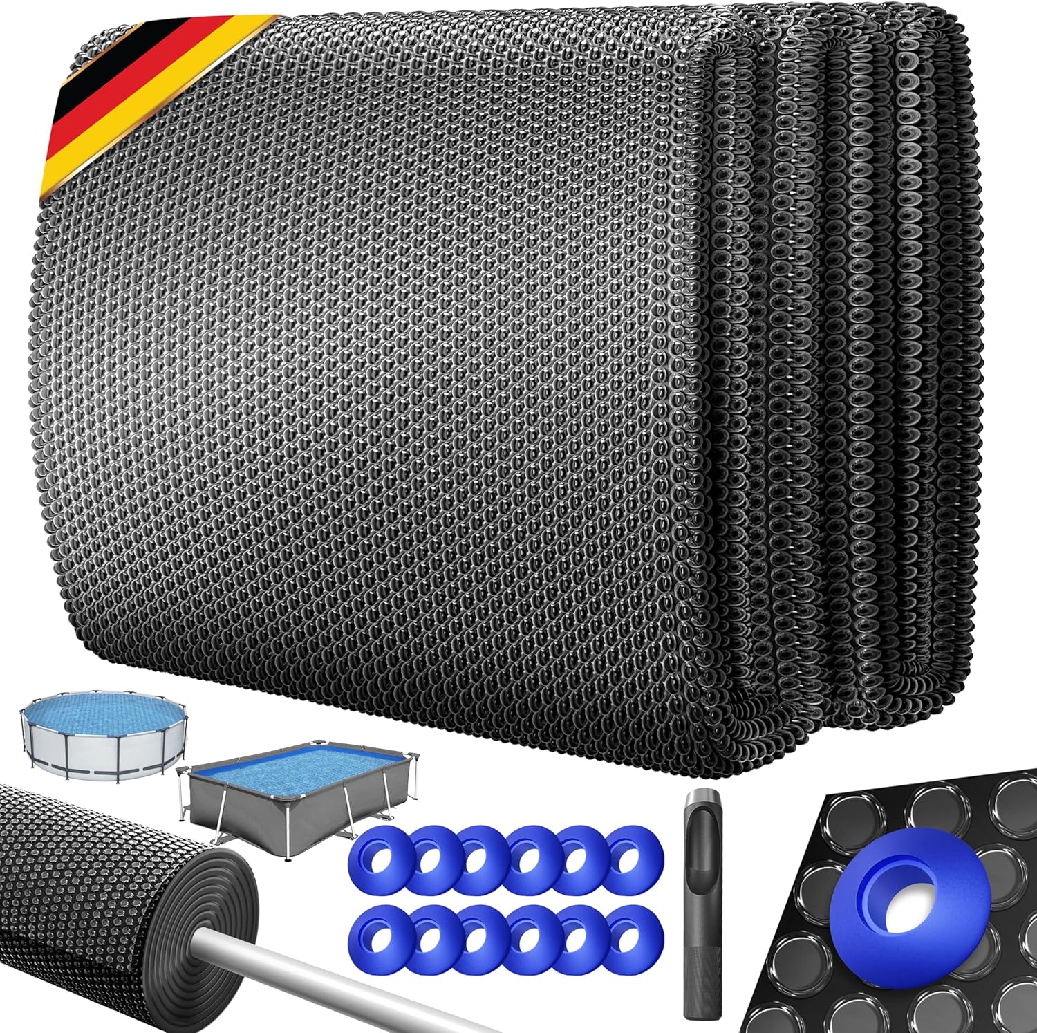 KESSER® Pool Zonnefolie, 400 µm, rond 244 cm, zwembadafdekking, flexibel op maat te snijden, zwembadzeil voor waterverwarming, zonneafdekking met schaar, gattang en 12 ogen