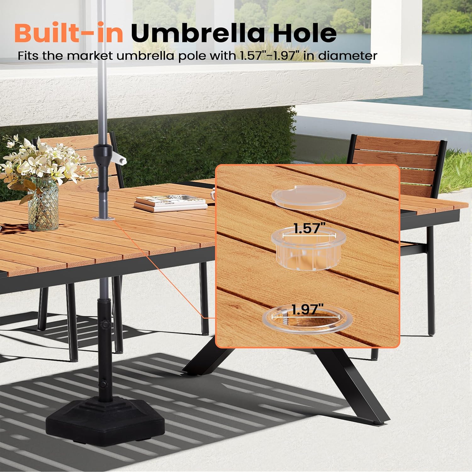Pellebant 94" Outdoor Dining Table for 8-10, 8ft Aluminum Patio Table with Umbrella Hole, Weather Resistant Teak Wood Grain Tabletop and Sturdy Frame for Deck, Porch, Backyard