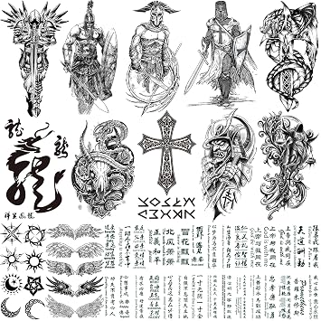VERKSTAD Black Realistic Temporary Tattoos for Men Women, Waterproof Half Sleeve Fake Tattoos for Boys Girls, Warrior Wing Cross Dragon Letter Totem Tattoo Kits for Parties Festivals Cosplay