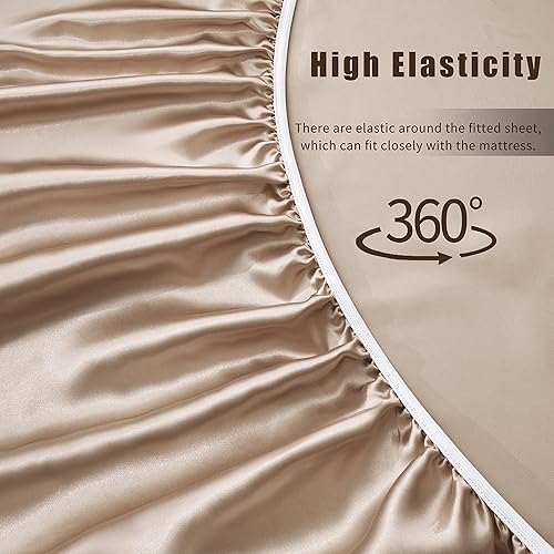 Miniatura 5 de Juego de sábanas de satén beige de 4 piezas, tamaño matrimonial, juego de sábanas de satén sedoso de 15 pulgadas de profundidad de 15 pulgadas,