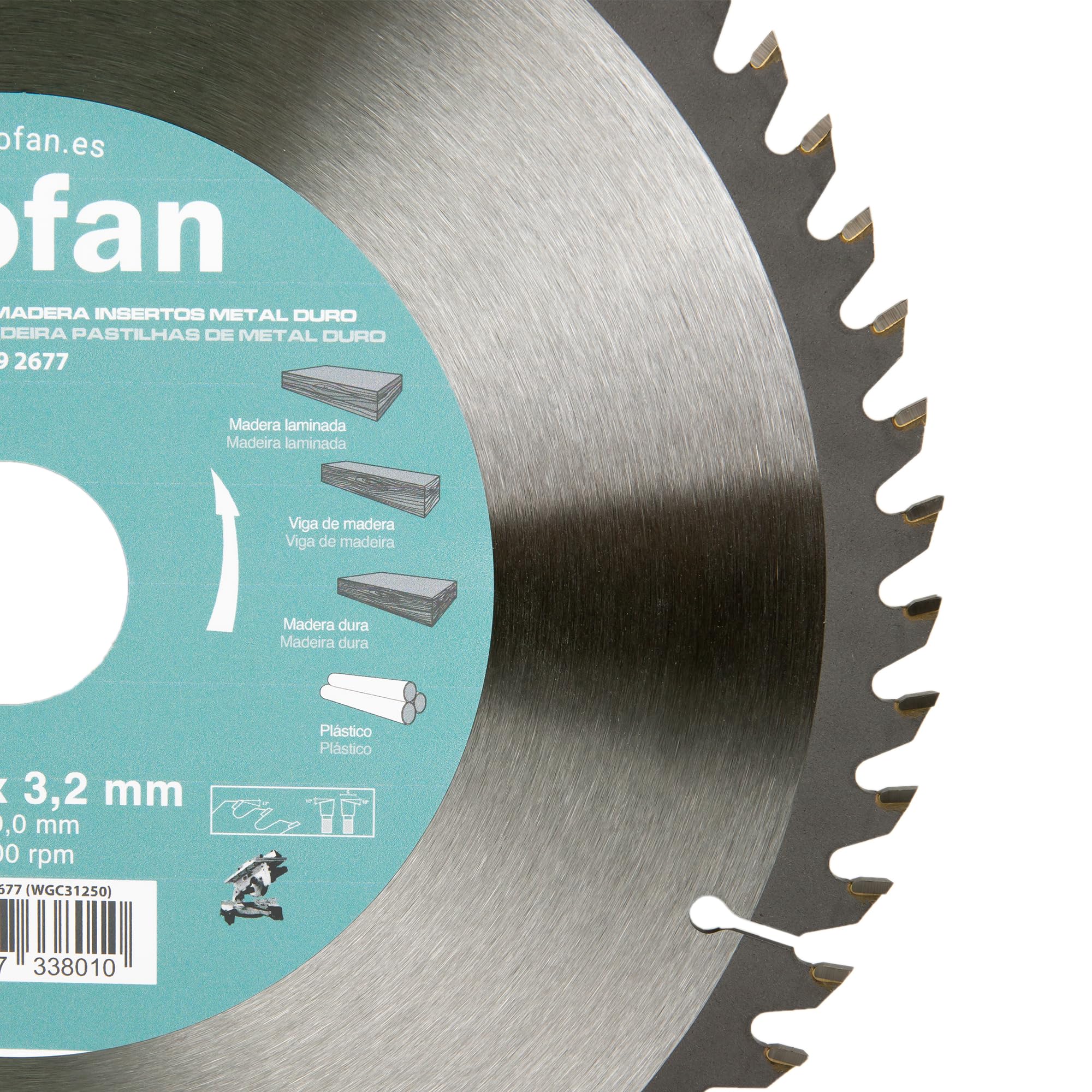 Cofan Hoja de sierra ingletadoraa | 60 dientes | Adecuado para madera dura, plástico y madera laminada | Insertos de metal duro | 250 x 30 mm | Grosor del disco: 3,2 mm