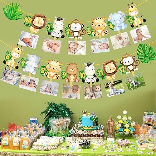 Miniatura 8 de Cartel de fotos de primer cumpleaños de la selva, decoraciones de fiesta de primer cumpleaños de animales de safair para recién nacidos a 12 meses,