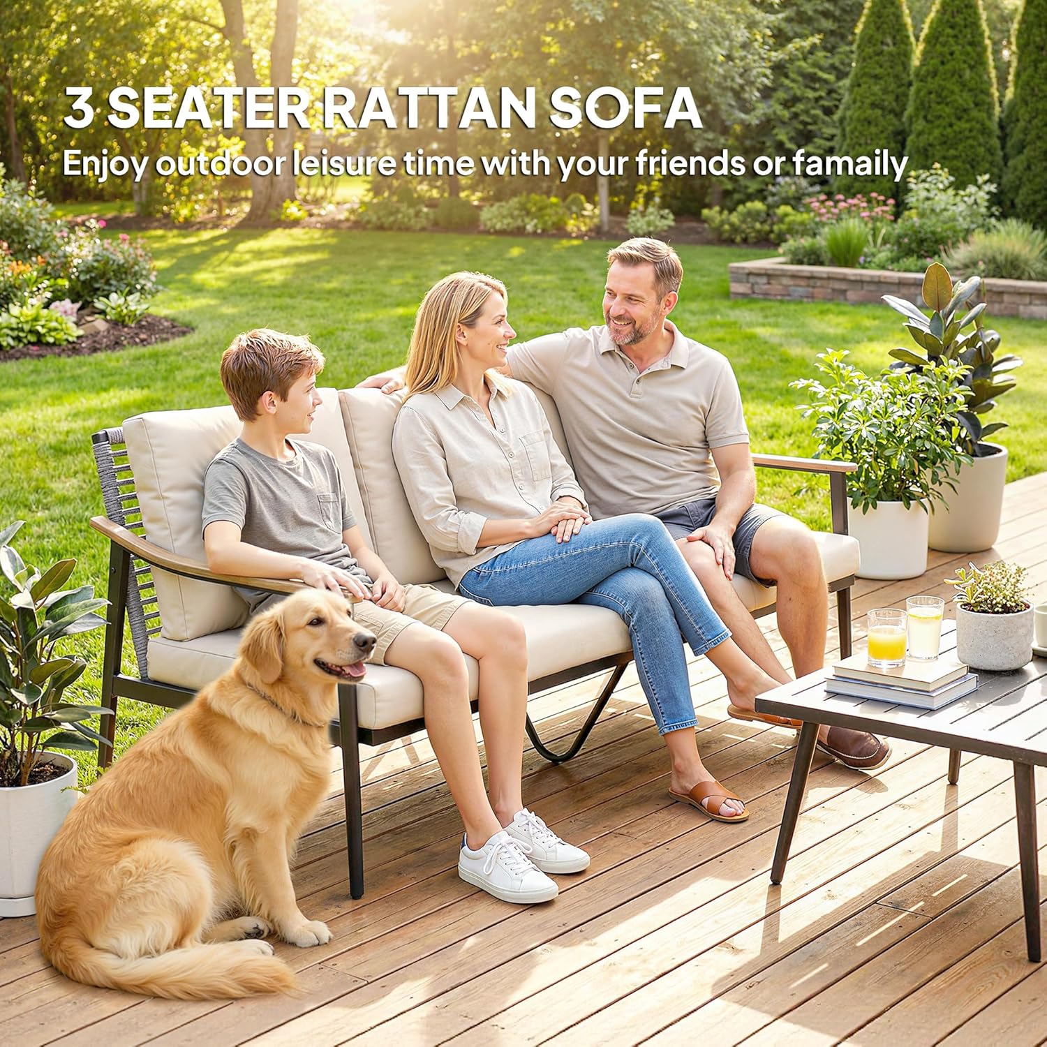 Outsunny Outdoor Patio Couch, 3 Seater Outdoor Sofa with Wood-Effect Armrests and Wicker Backrest, Outdoor Patio Furniture Couch with Cushions, Steel Frame for Porch, Garden, Backyard, Khaki | Removable covers