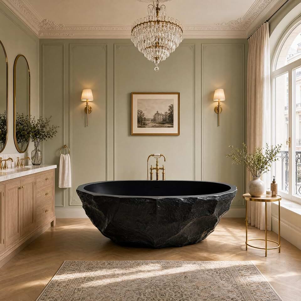 67" Travertine Freestanding Bathtub, Chiseled Exterior Natural Stone Black