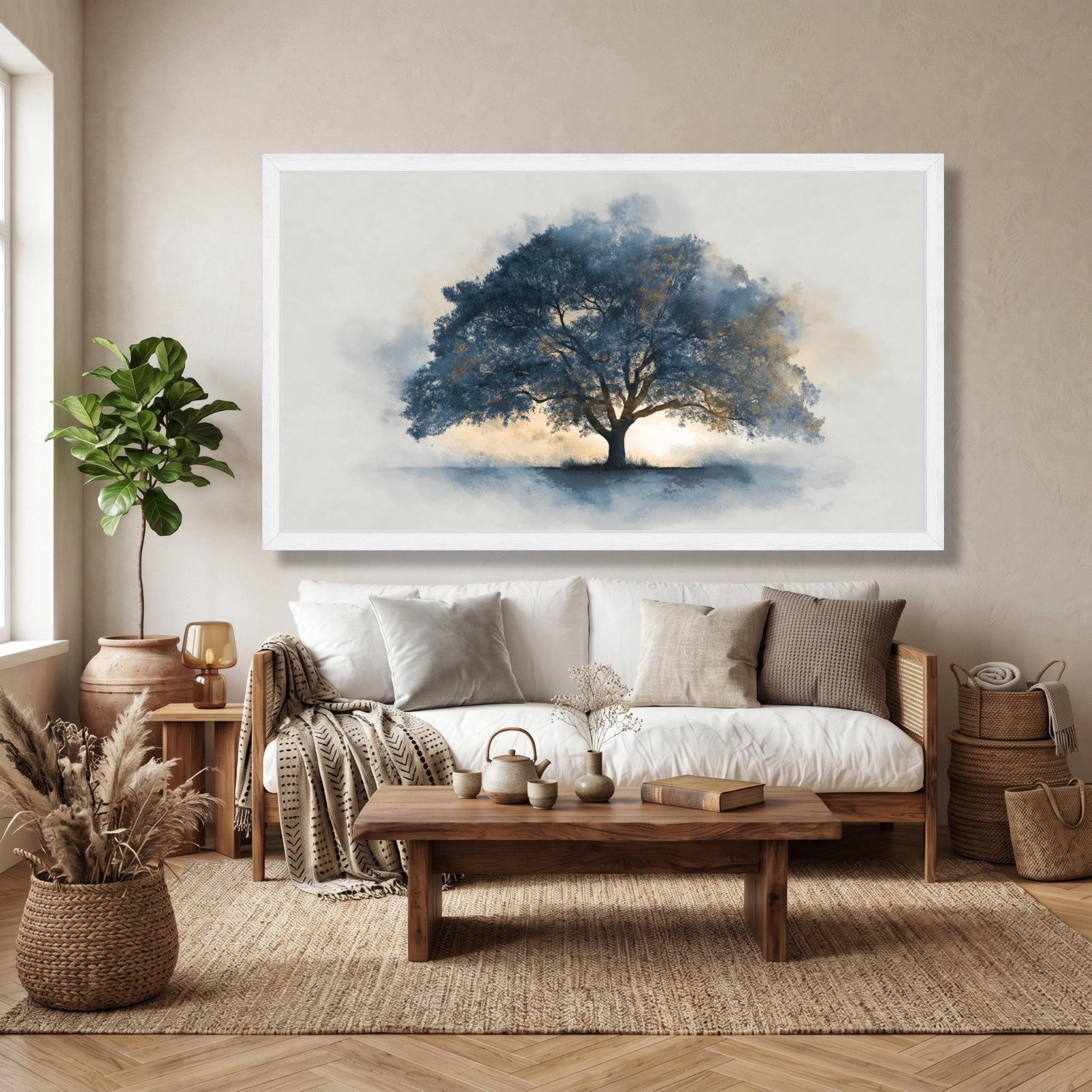 LMYCHENG Majestatyczne niebieskie drzewo obraz na płótnie, sylwetka natury, malarstwo pejzażowe, dekoracja domu mural (80 x 150 cm/wewnętrzna rama)