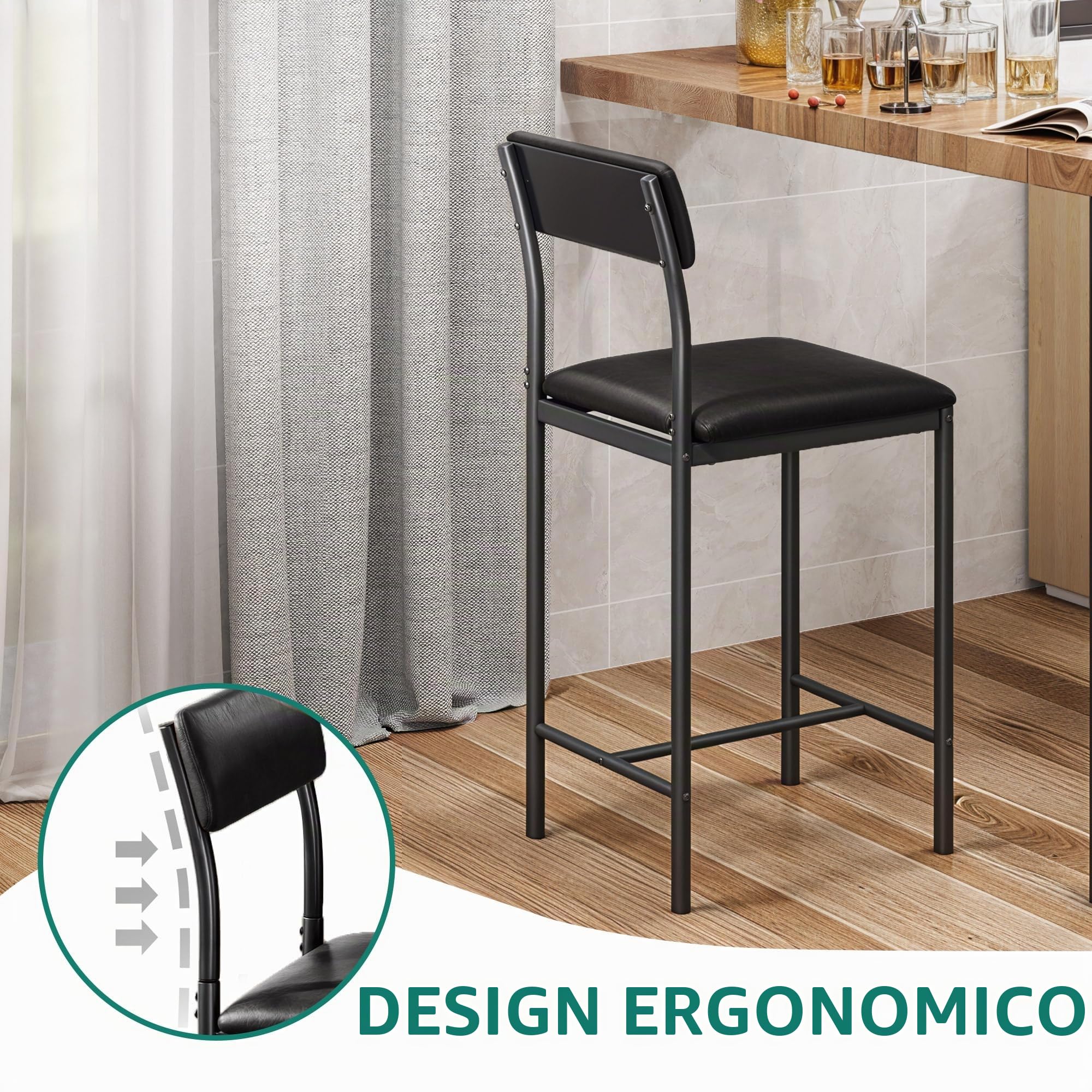 YITAHOME Set di 2 sgabelli da bar, seduta alta con seduta e schienale imbottiti, sgabelli industriali per cucina/sala da pranzo, sedie da bar con poggiapiedi ergonomico, nero