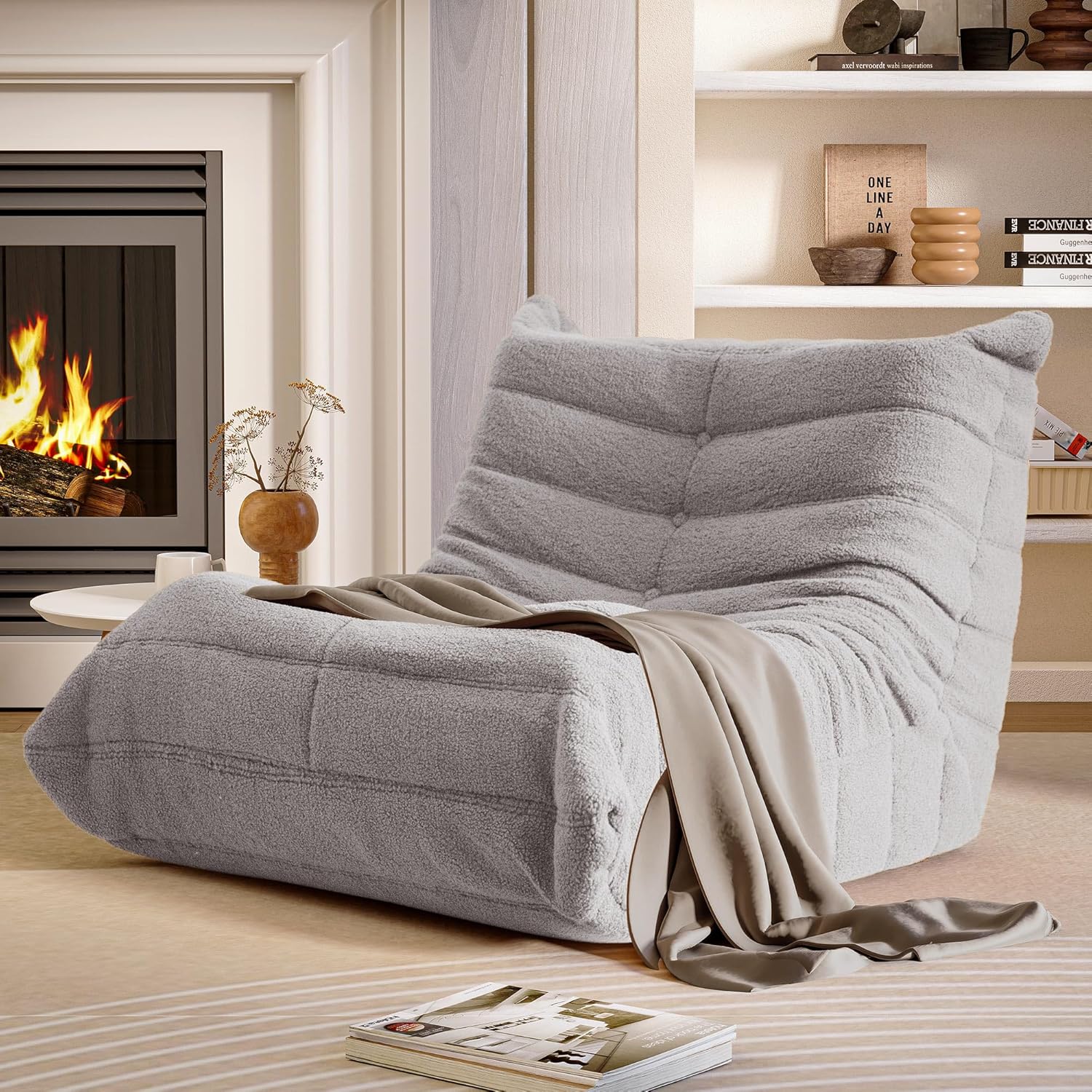 LAUSAINT HOME Giant Bean Bag Chair with Memory Foam for Adults, Ergonomic Chenille Fabric Lounger Couch for Living Room, Bedroom, No Assembly Required, Light Grey