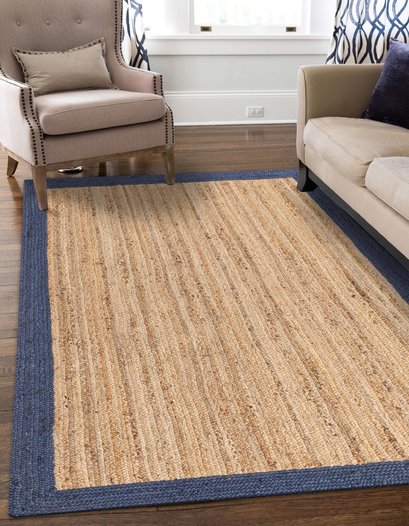 Trademoon Indian Handmade Braided Navy Blue Border with Inner Natural Jute Area Rug, Jute Rug, Living Room, Bedroom, Doormat Rug Size - 3 x 4 Feet (90 cm x 120 cm)