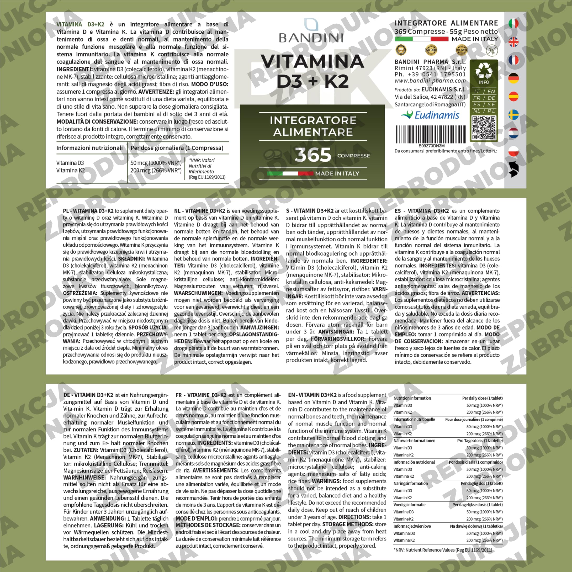 Bandini® Witamina D3 K2 365 Tabletek Witamina D3 (2000 IU) i K2 MK-7 (200 µg) - Wysokie dawki wspierające odporność, kości i mięśnie | Bez GMO i soi | Suplement na 12 miesięcy.